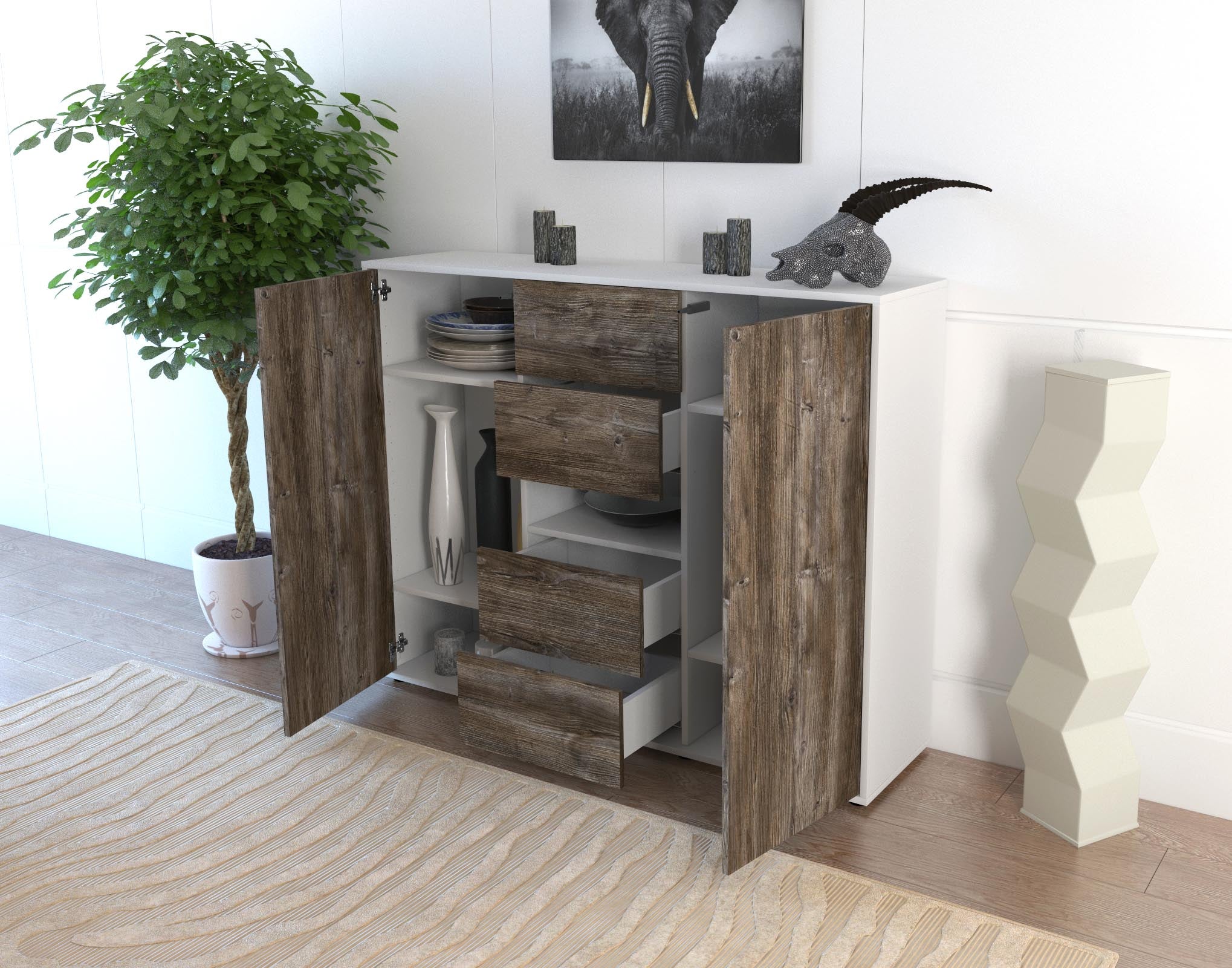 Highboard - Noelia - Design Holzdekor - Freistehend mit Push to Open 136 cm Weiss