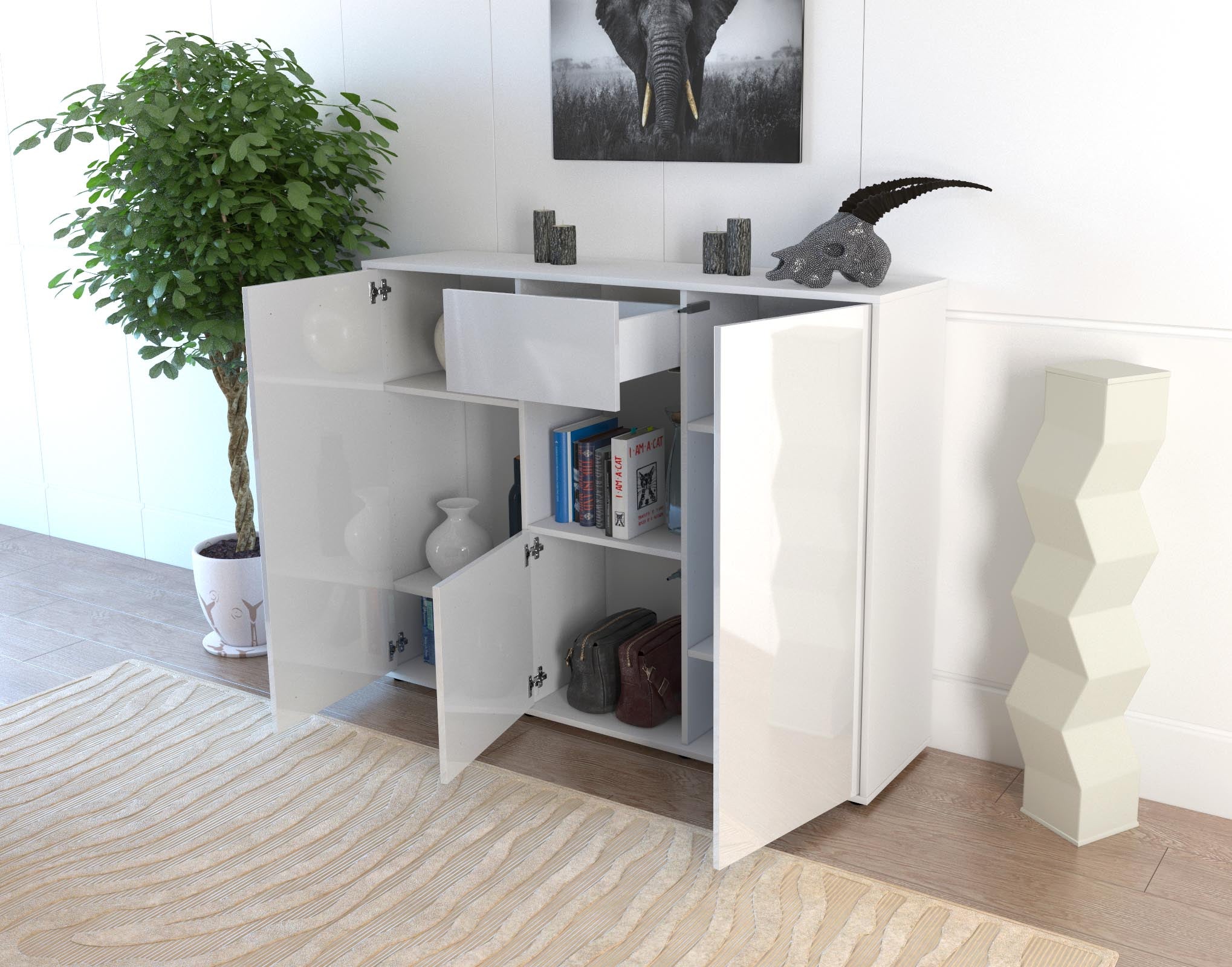Highboard - Nuria - Design Hochglanz - Freistehend mit Push to Open 136 cm Weiss