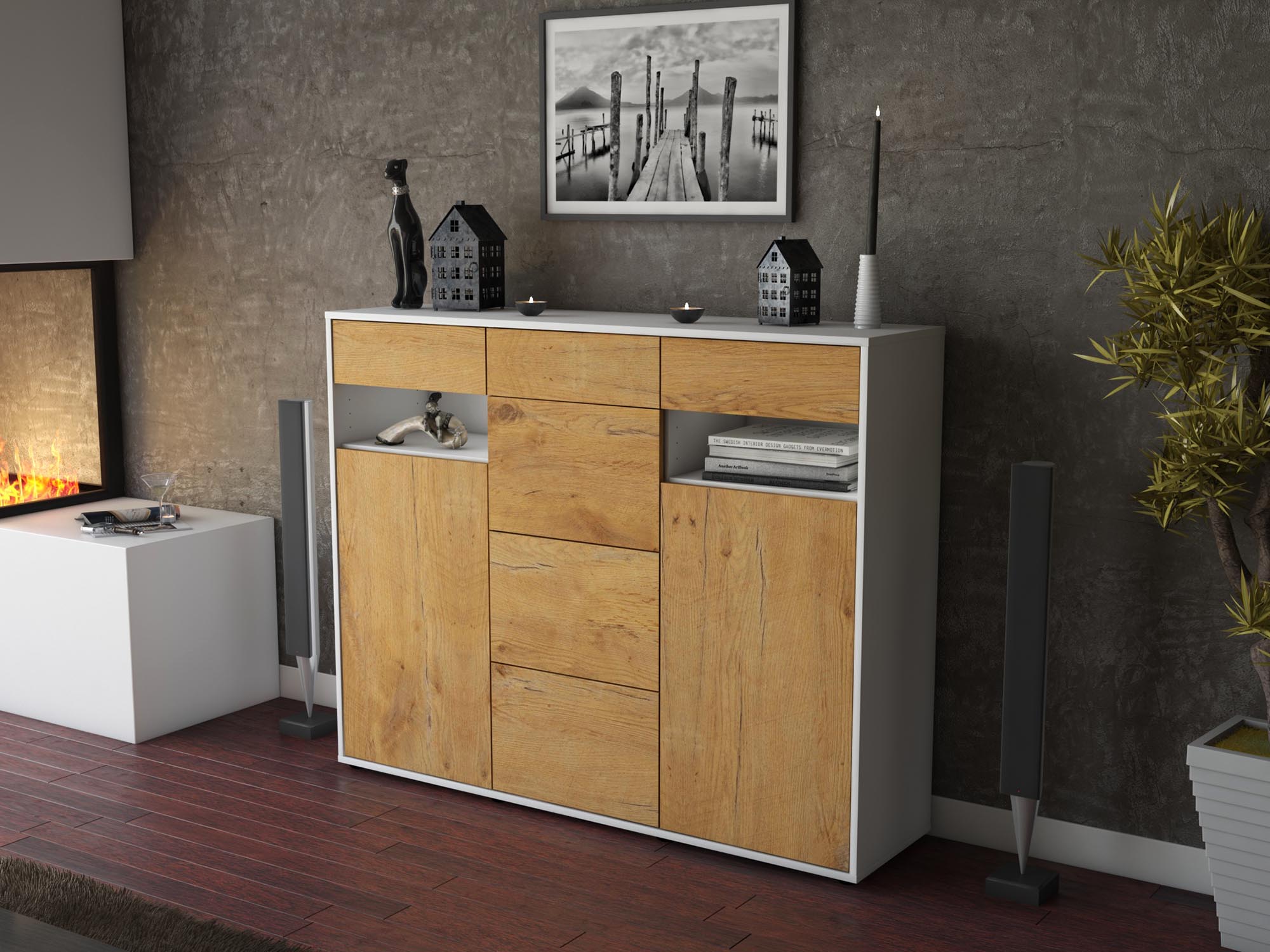 Highboard - Nevia - Design Holzdekor - Freistehend mit Push to Open 136 cm Weiss