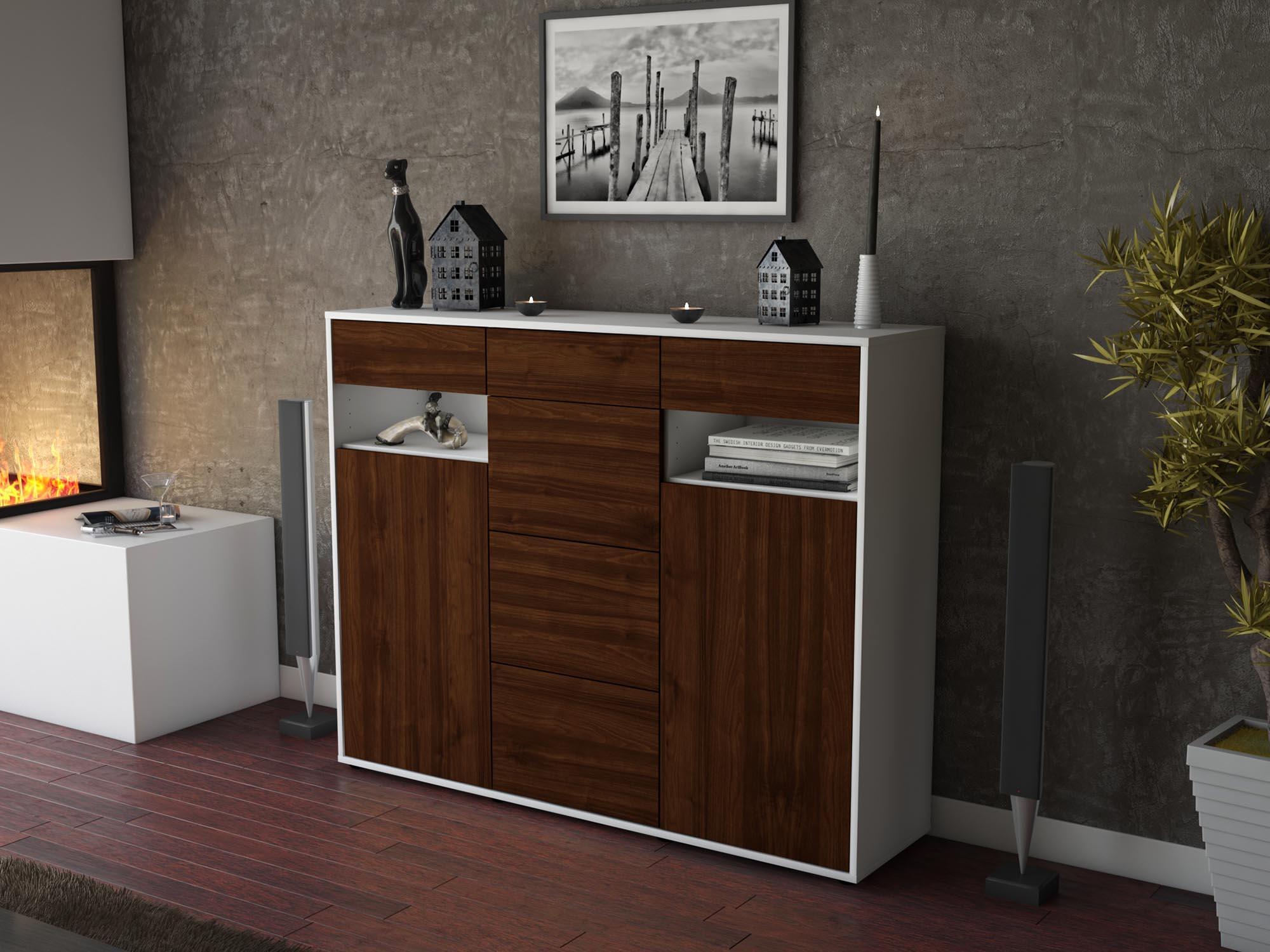 Highboard - Nevia - Design Holzdekor - Freistehend mit Push to Open 136 cm Weiss