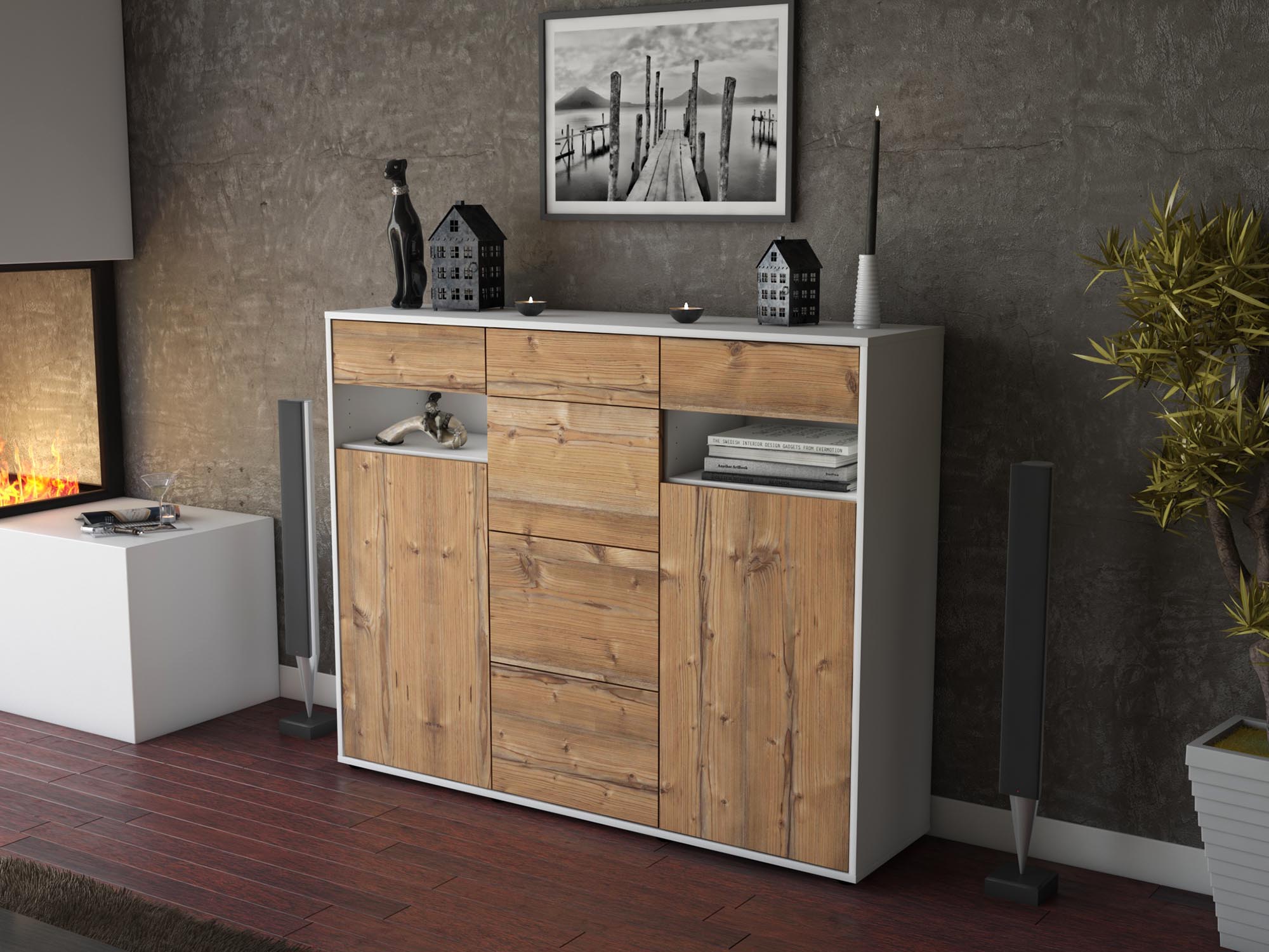 Highboard - Nevia - Design Holzdekor - Freistehend mit Push to Open 136 cm Weiss