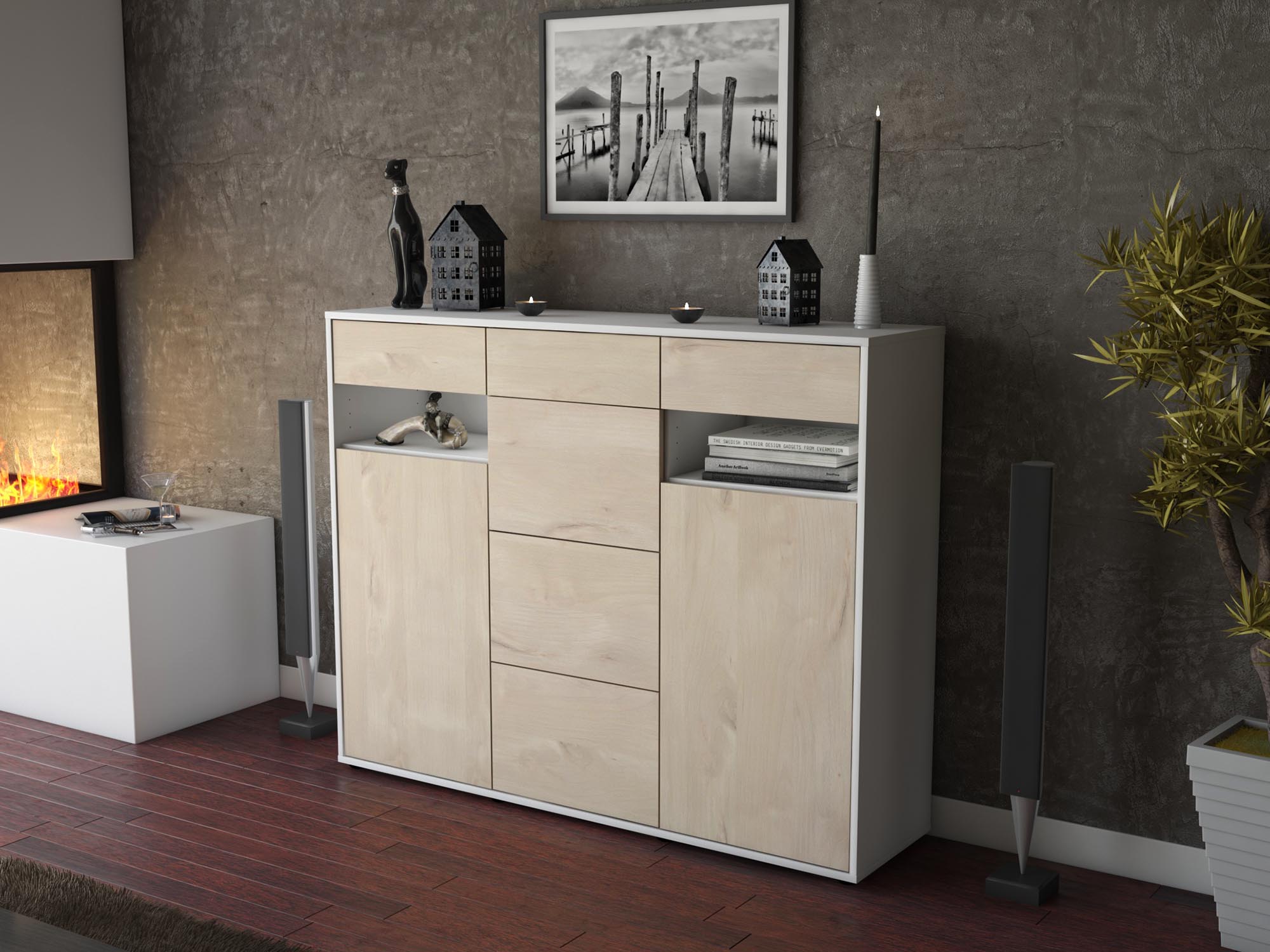 Highboard - Nevia - Design Holzdekor - Freistehend mit Push to Open 136 cm Weiss