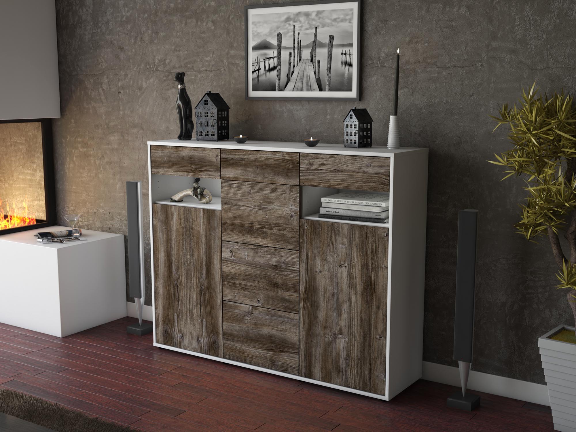 Highboard - Nevia - Design Holzdekor - Freistehend mit Push to Open 136 cm Weiss