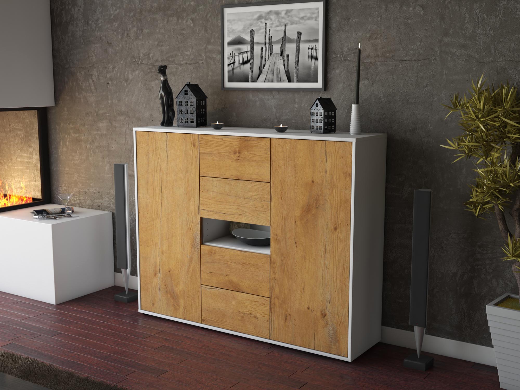 Highboard - Noelia - Design Holzdekor - Freistehend mit Push to Open 136 cm Weiss