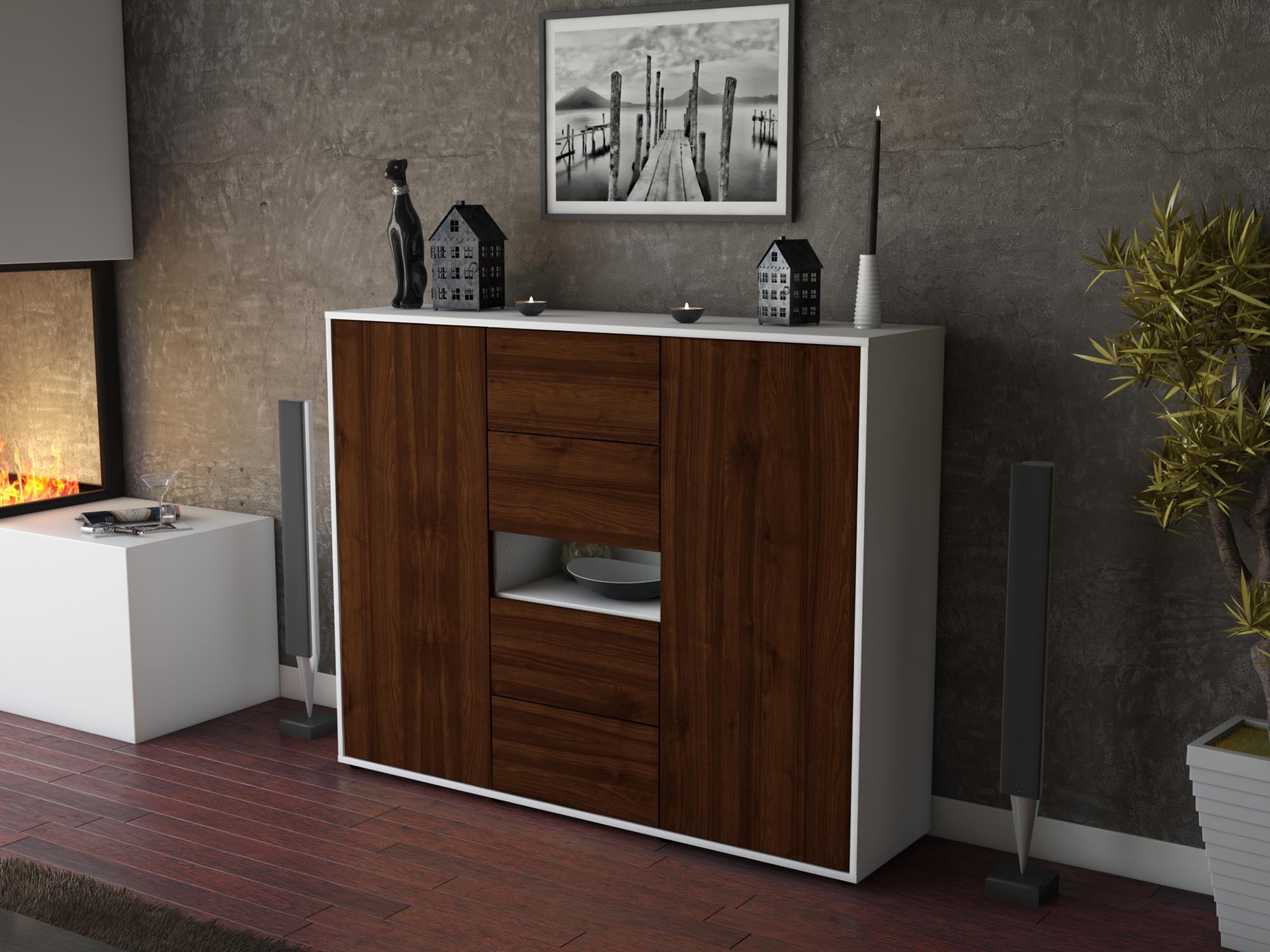 Highboard - Noelia - Design Holzdekor - Freistehend mit Push to Open 136 cm Weiss