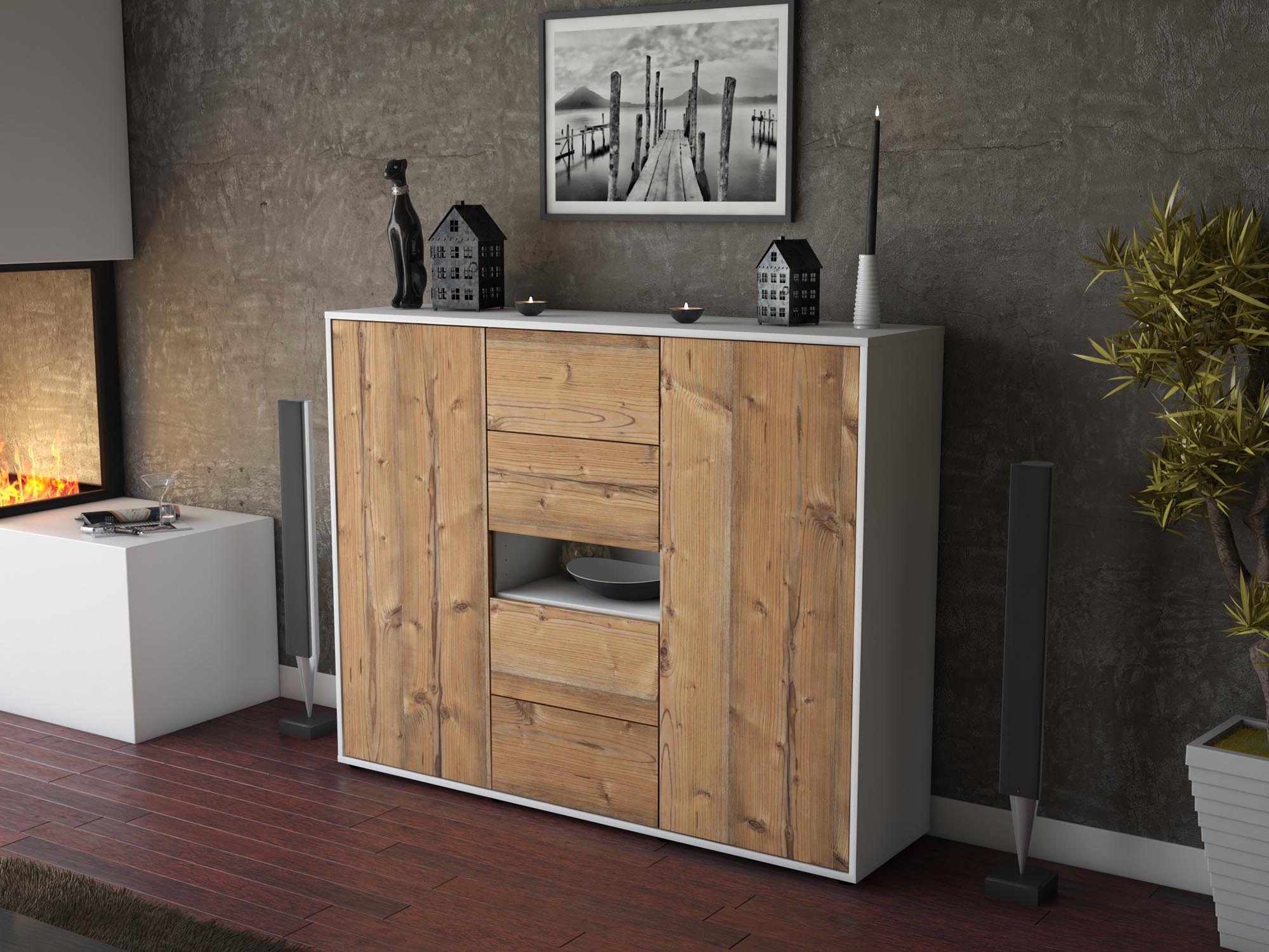 Highboard - Noelia - Design Holzdekor - Freistehend mit Push to Open 136 cm Weiss