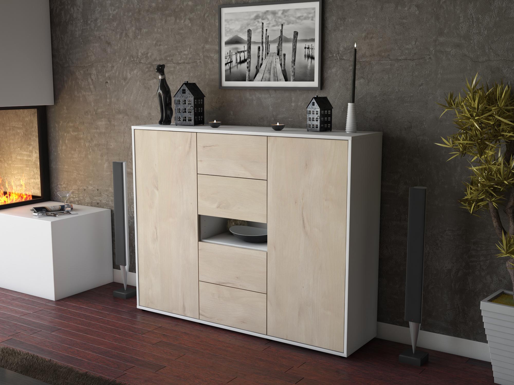 Highboard - Noelia - Design Holzdekor - Freistehend mit Push to Open 136 cm Weiss