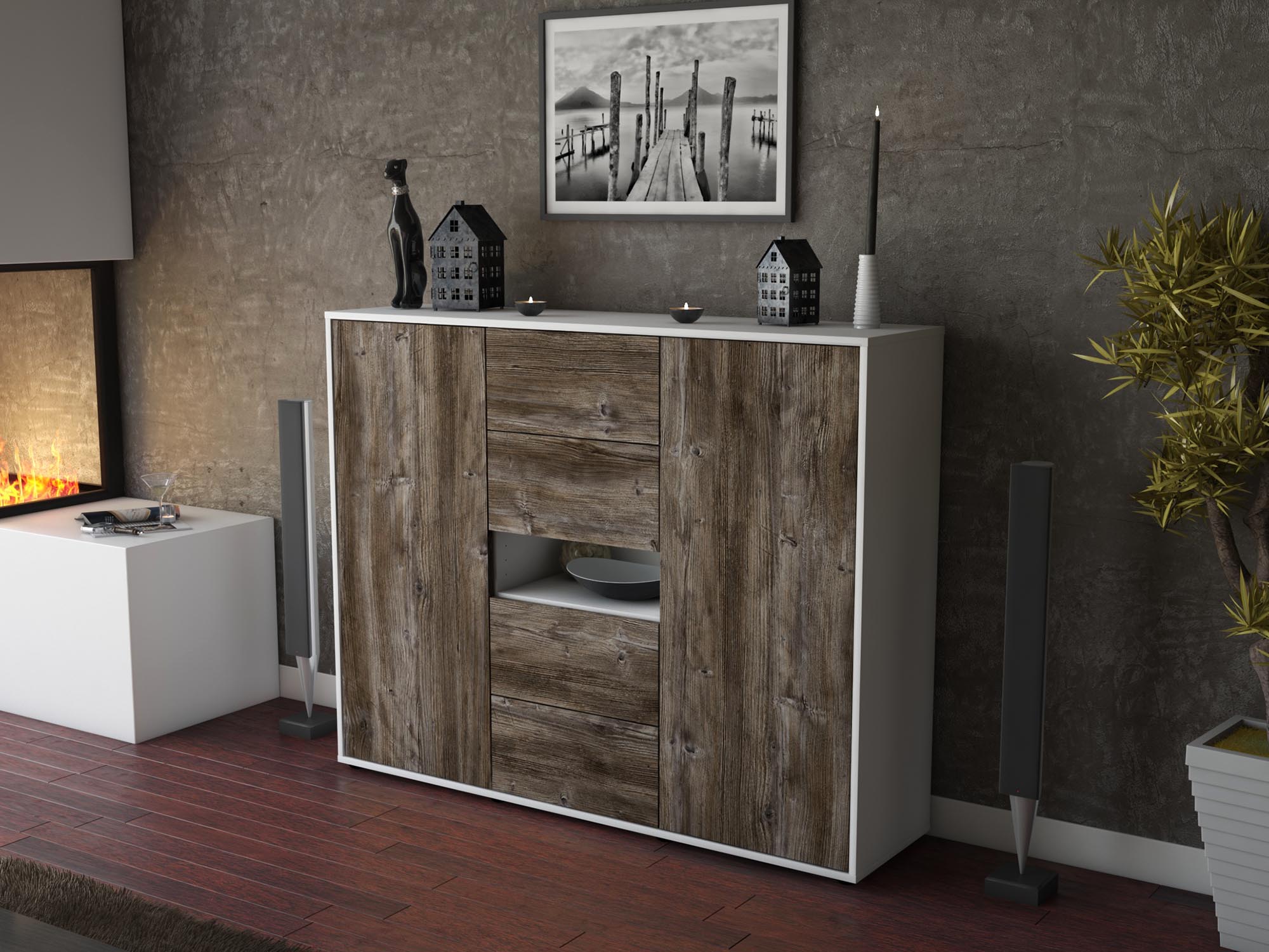 Highboard - Noelia - Design Holzdekor - Freistehend mit Push to Open 136 cm Weiss