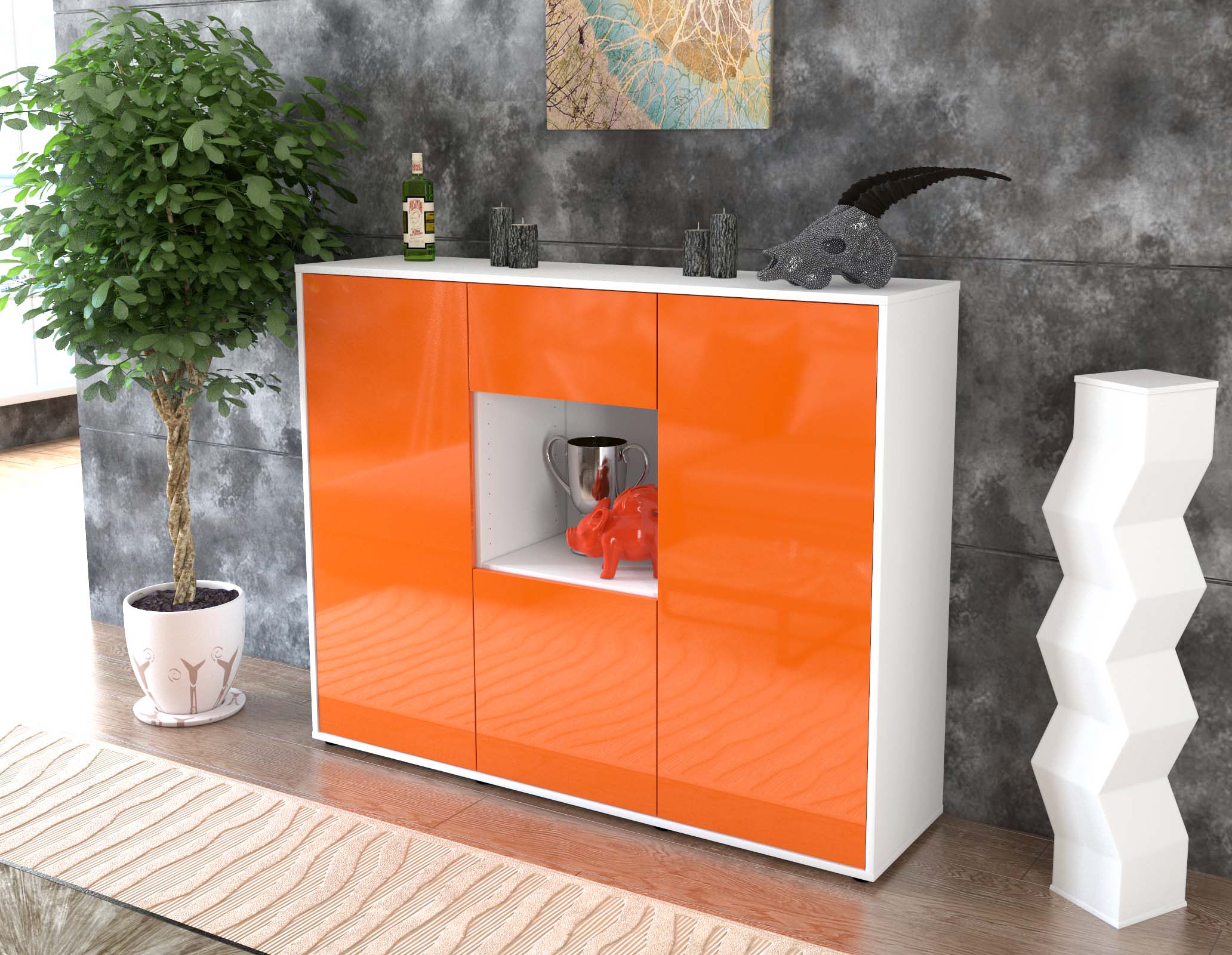 Highboard - Nuria - Design Hochglanz - Freistehend mit Push to Open 136 cm Weiss