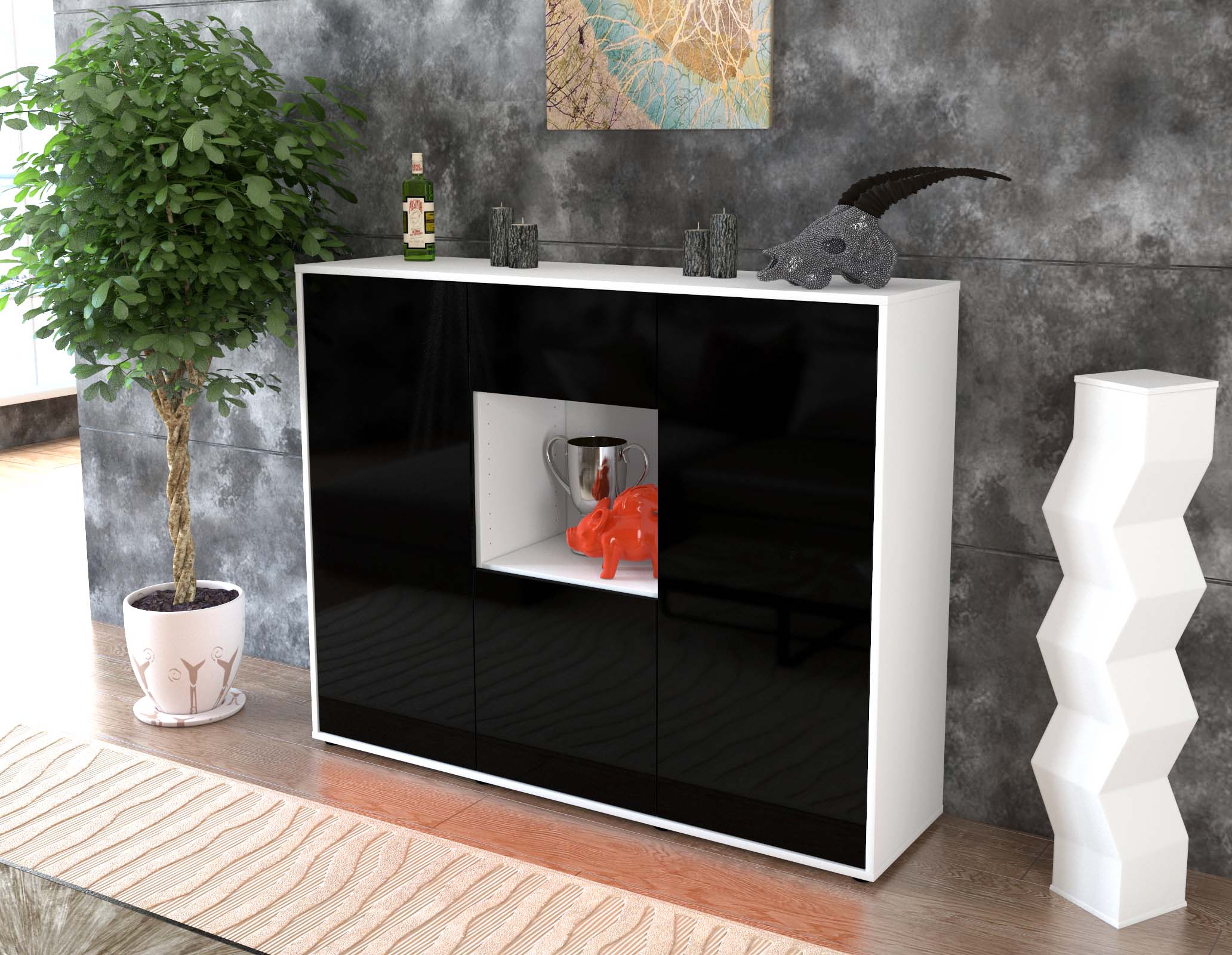 Highboard - Nuria - Design Hochglanz - Freistehend mit Push to Open 136 cm Weiss
