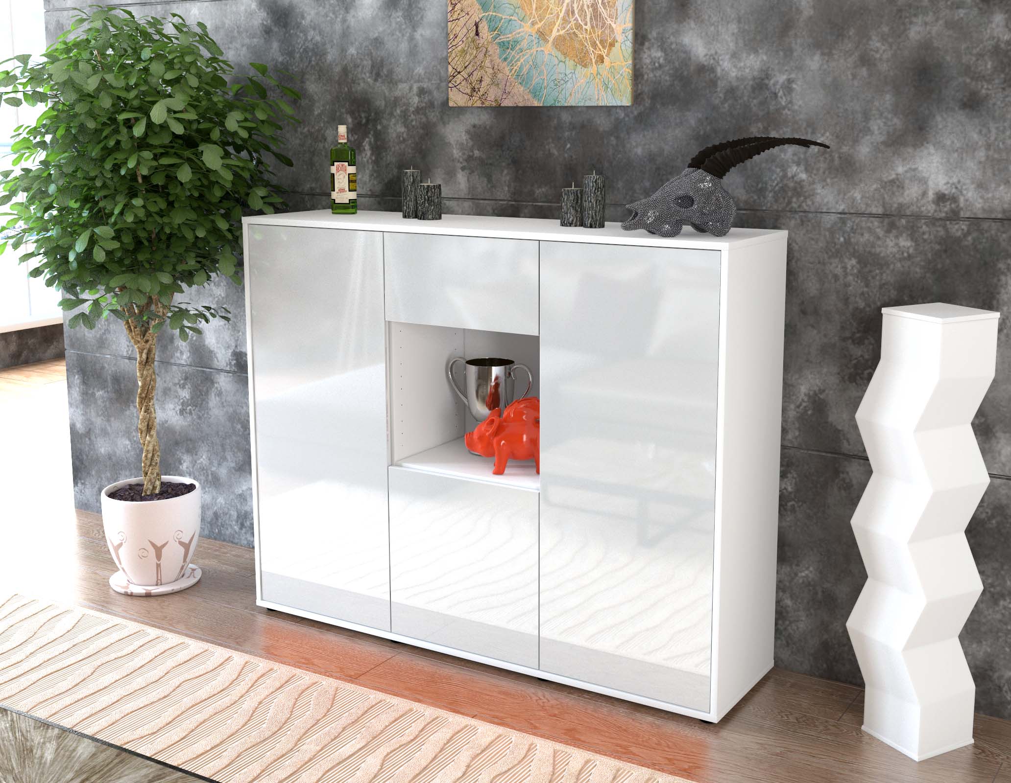 Highboard - Nuria - Design Hochglanz - Freistehend mit Push to Open 136 cm Weiss