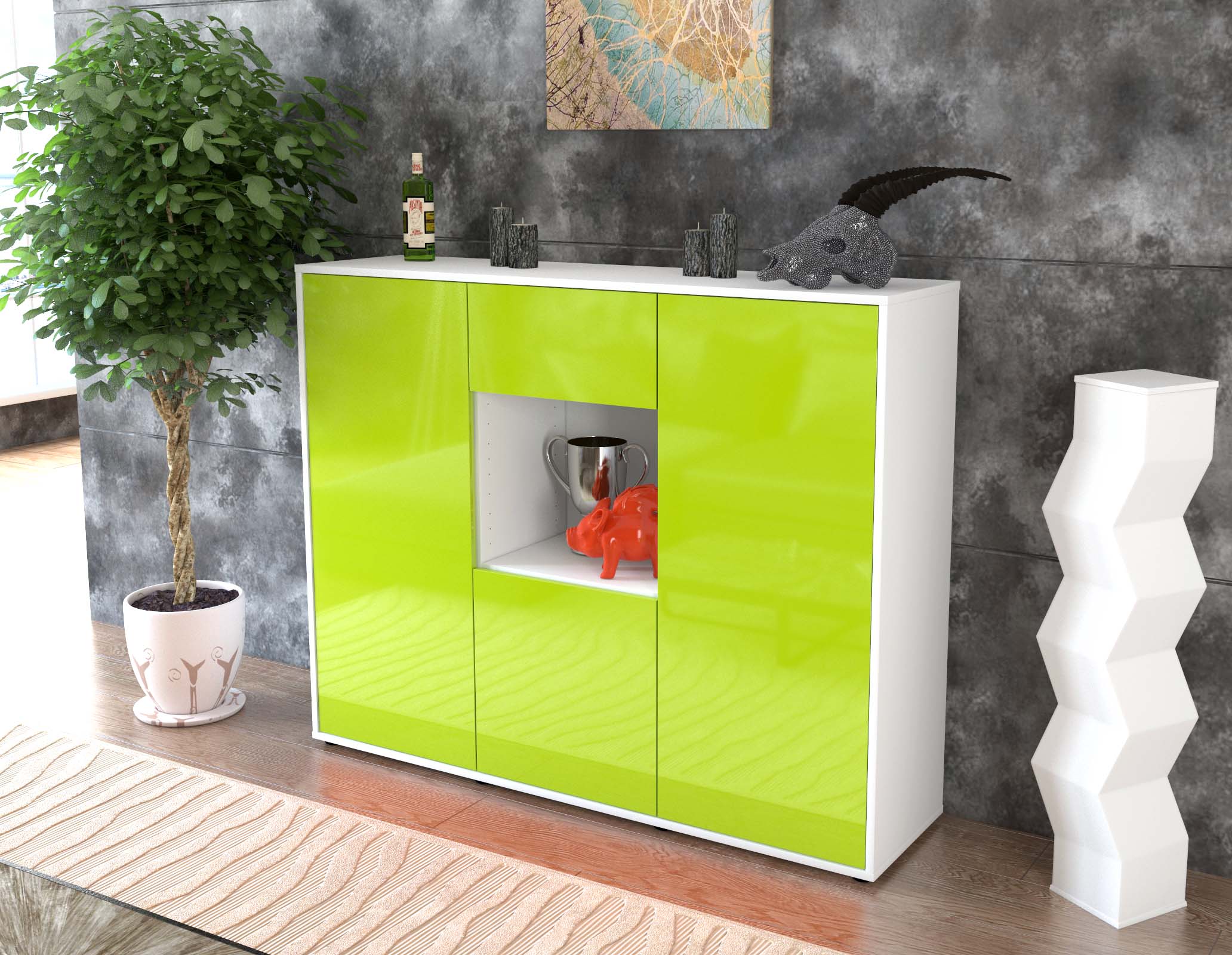 Highboard - Nuria - Design Hochglanz - Freistehend mit Push to Open 136 cm Weiss