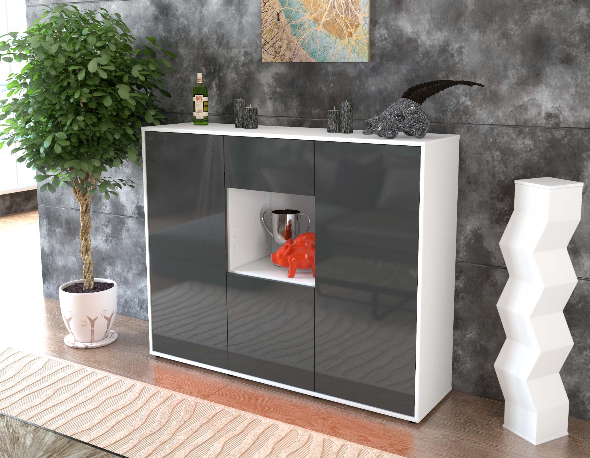 Highboard - Nuria - Design Hochglanz - Freistehend mit Push to Open 136 cm Weiss