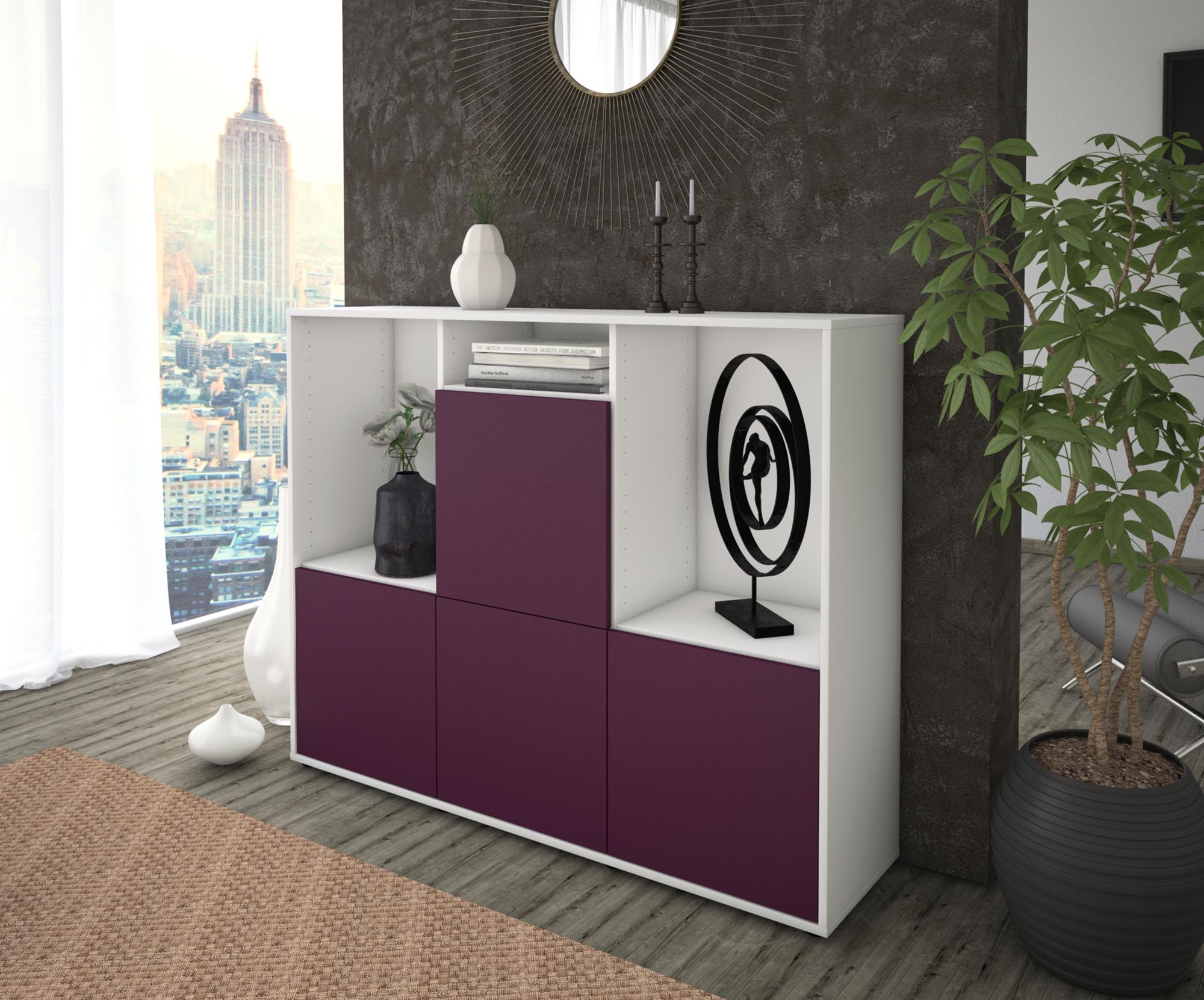 Highboard - Saskia - Design Farbakzent - Freistehend mit Push to Open 136 cm Weiss