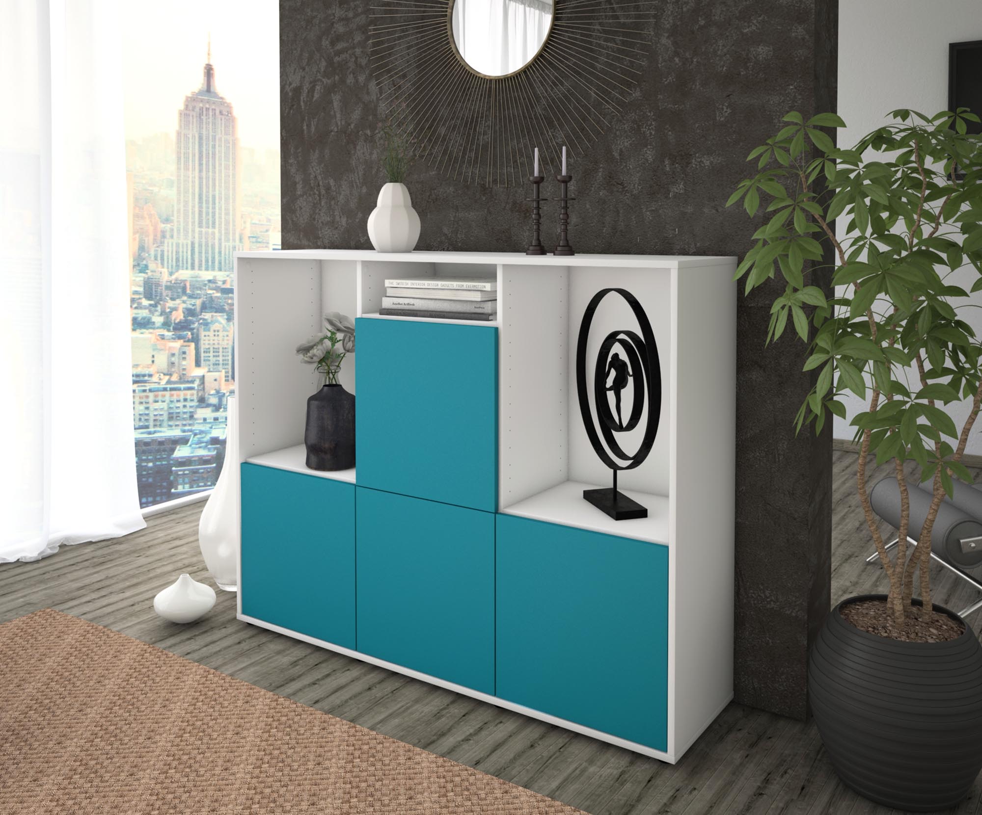 Highboard - Saskia - Design Farbakzent - Freistehend mit Push to Open 136 cm Weiss