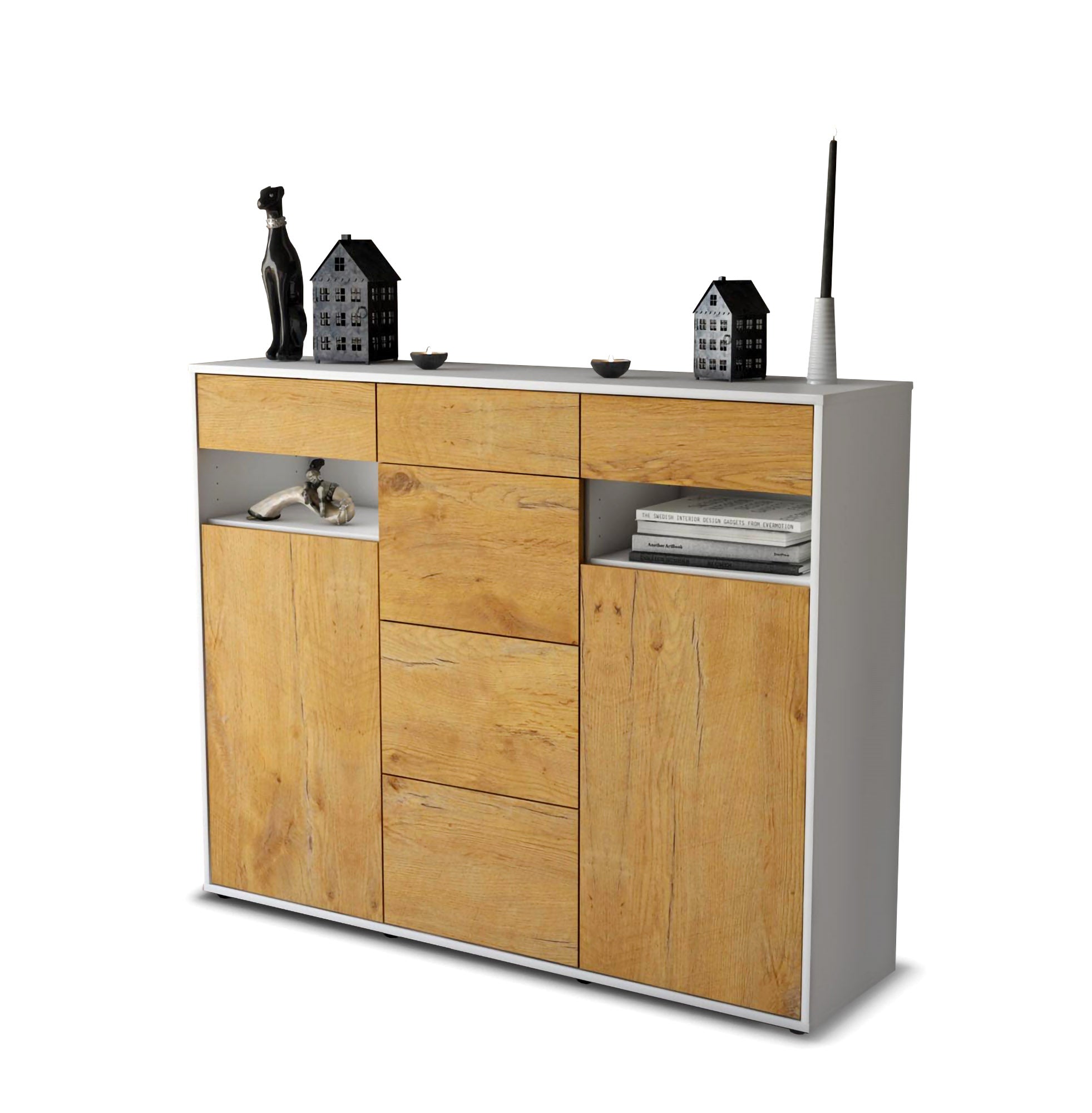 Highboard - Nevia - Design Holzdekor - Freistehend mit Push to Open 136 cm Weiss