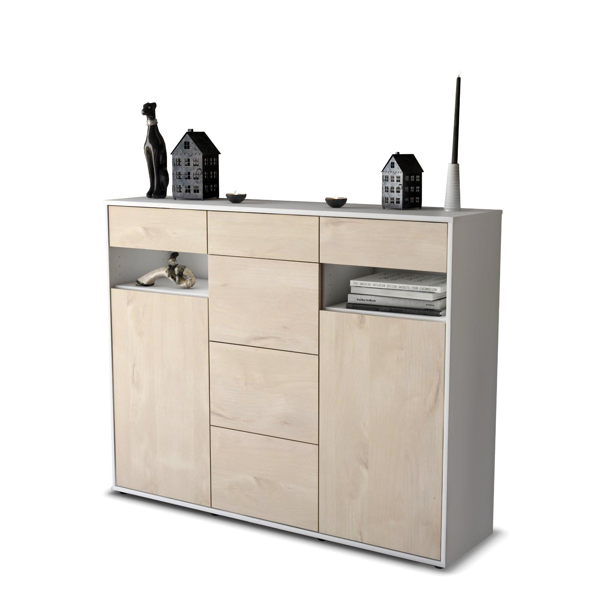 Highboard - Nevia - Design Holzdekor - Freistehend mit Push to Open 136 cm Weiss