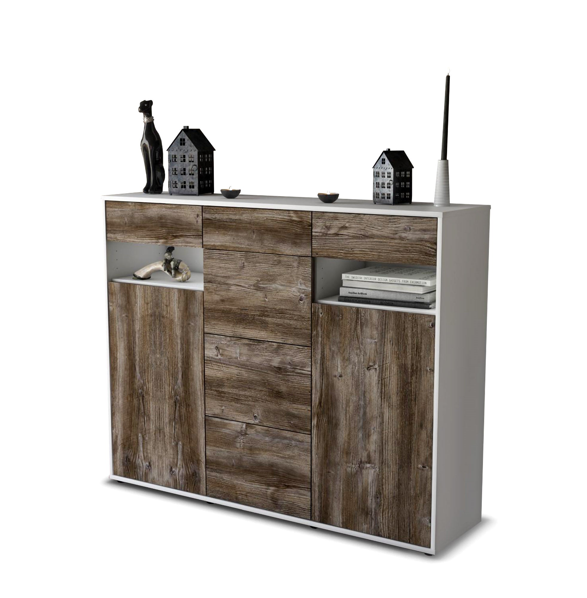 Highboard - Nevia - Design Holzdekor - Freistehend mit Push to Open 136 cm Weiss