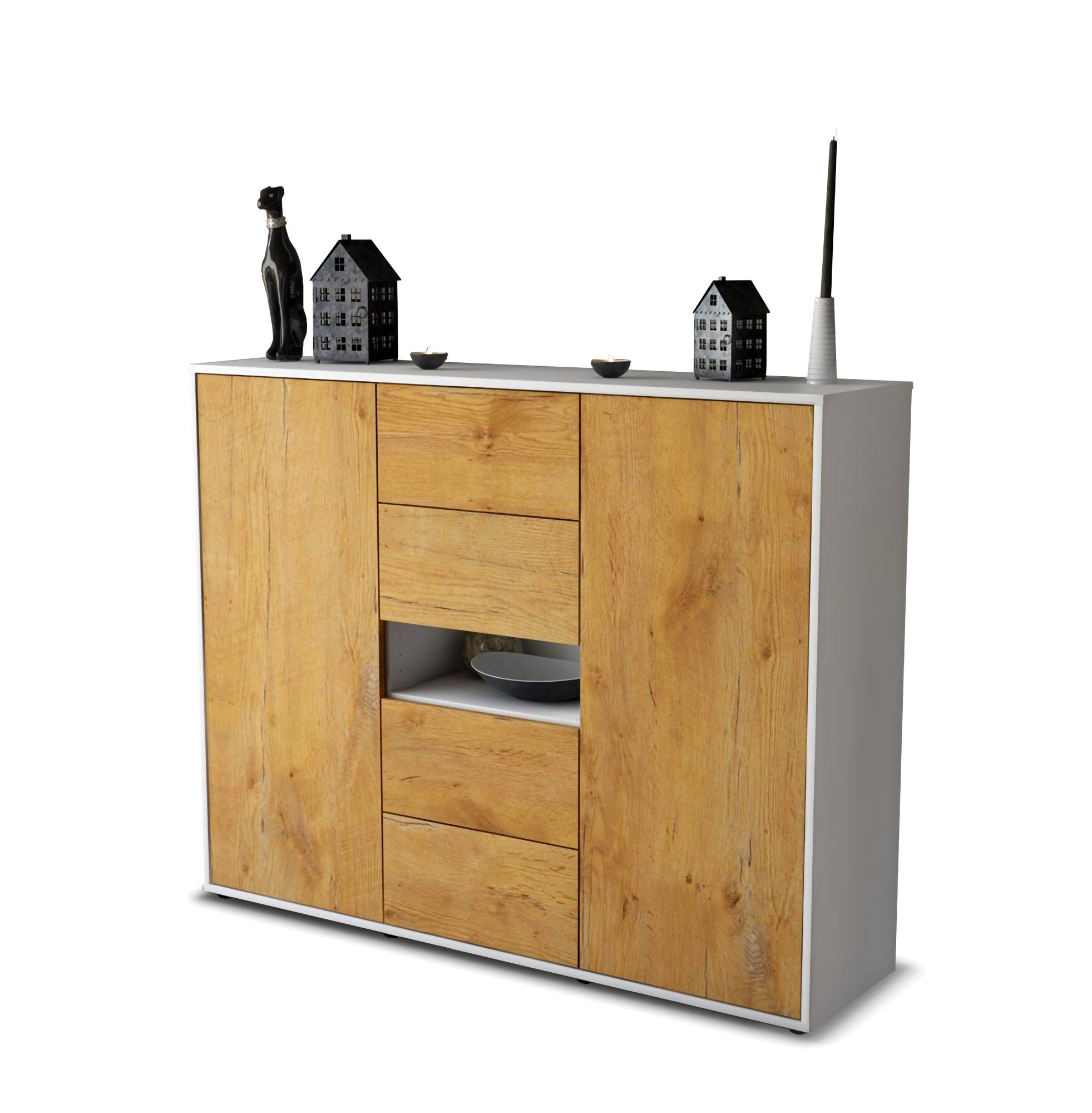 Highboard - Noelia - Design Holzdekor - Freistehend mit Push to Open 136 cm Weiss