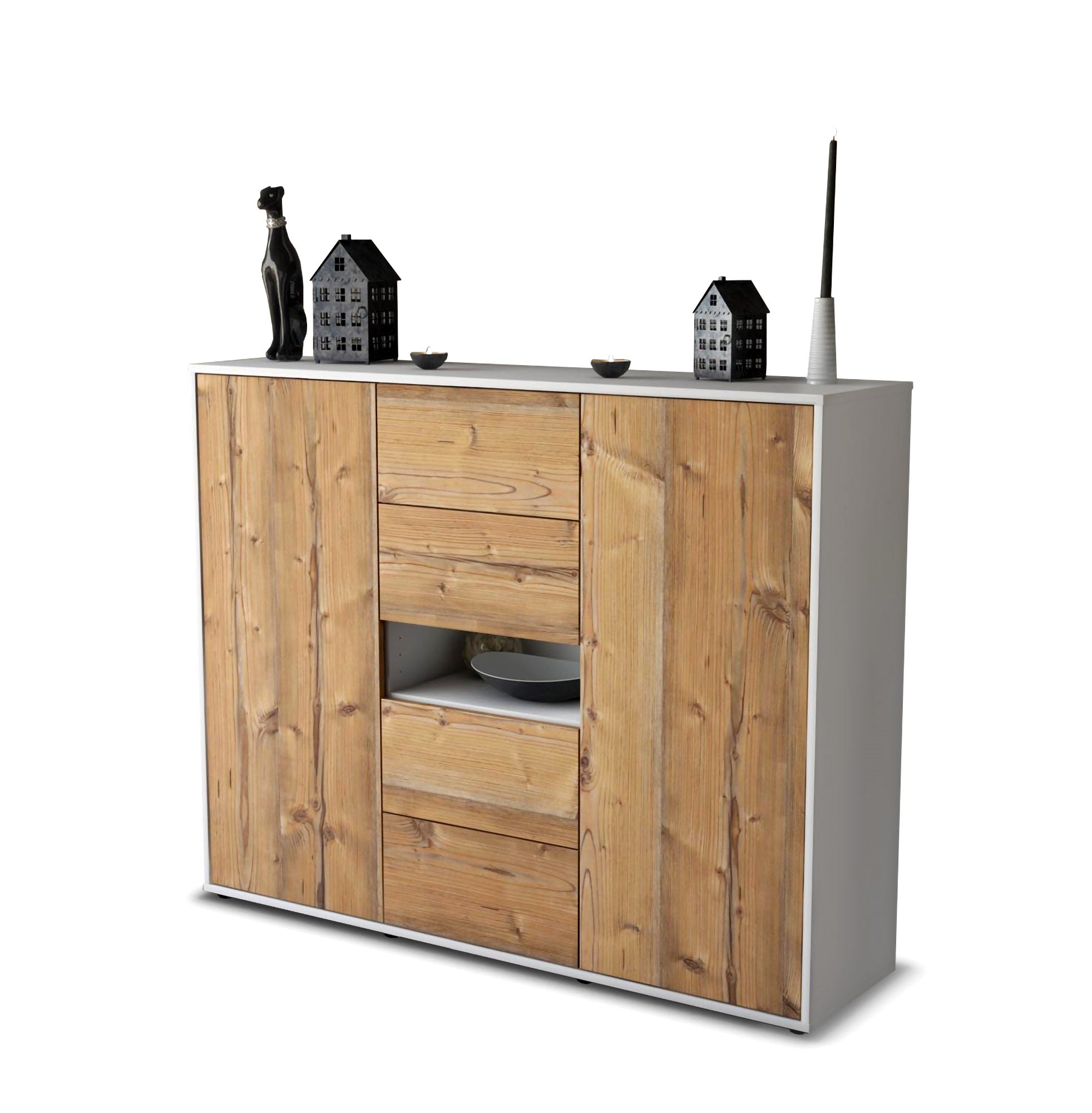 Highboard - Noelia - Design Holzdekor - Freistehend mit Push to Open 136 cm Weiss