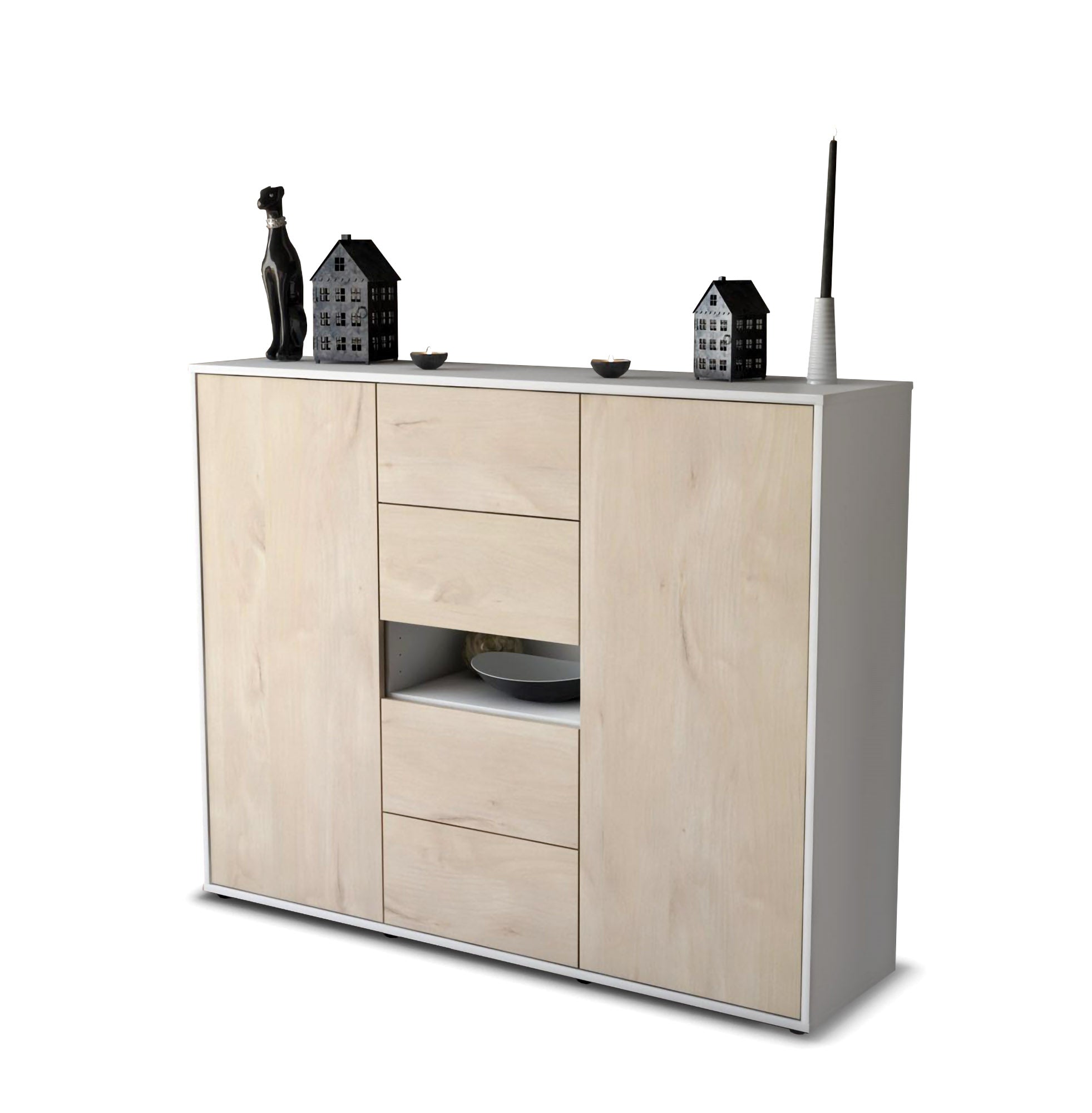 Highboard - Noelia - Design Holzdekor - Freistehend mit Push to Open 136 cm Weiss
