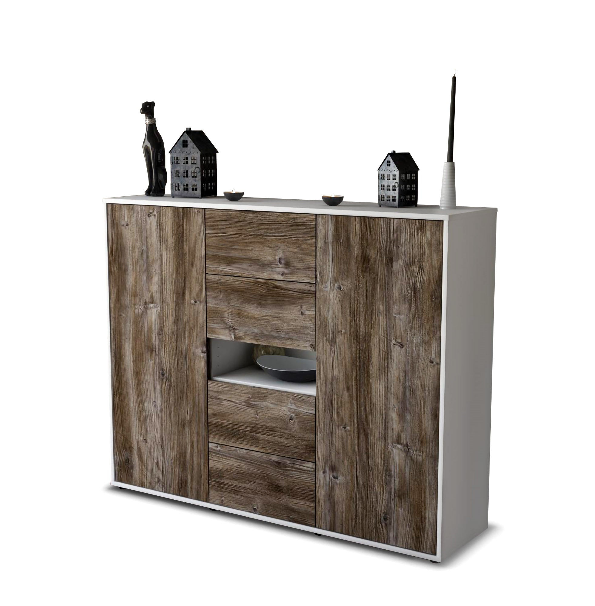 Highboard - Noelia - Design Holzdekor - Freistehend mit Push to Open 136 cm Weiss