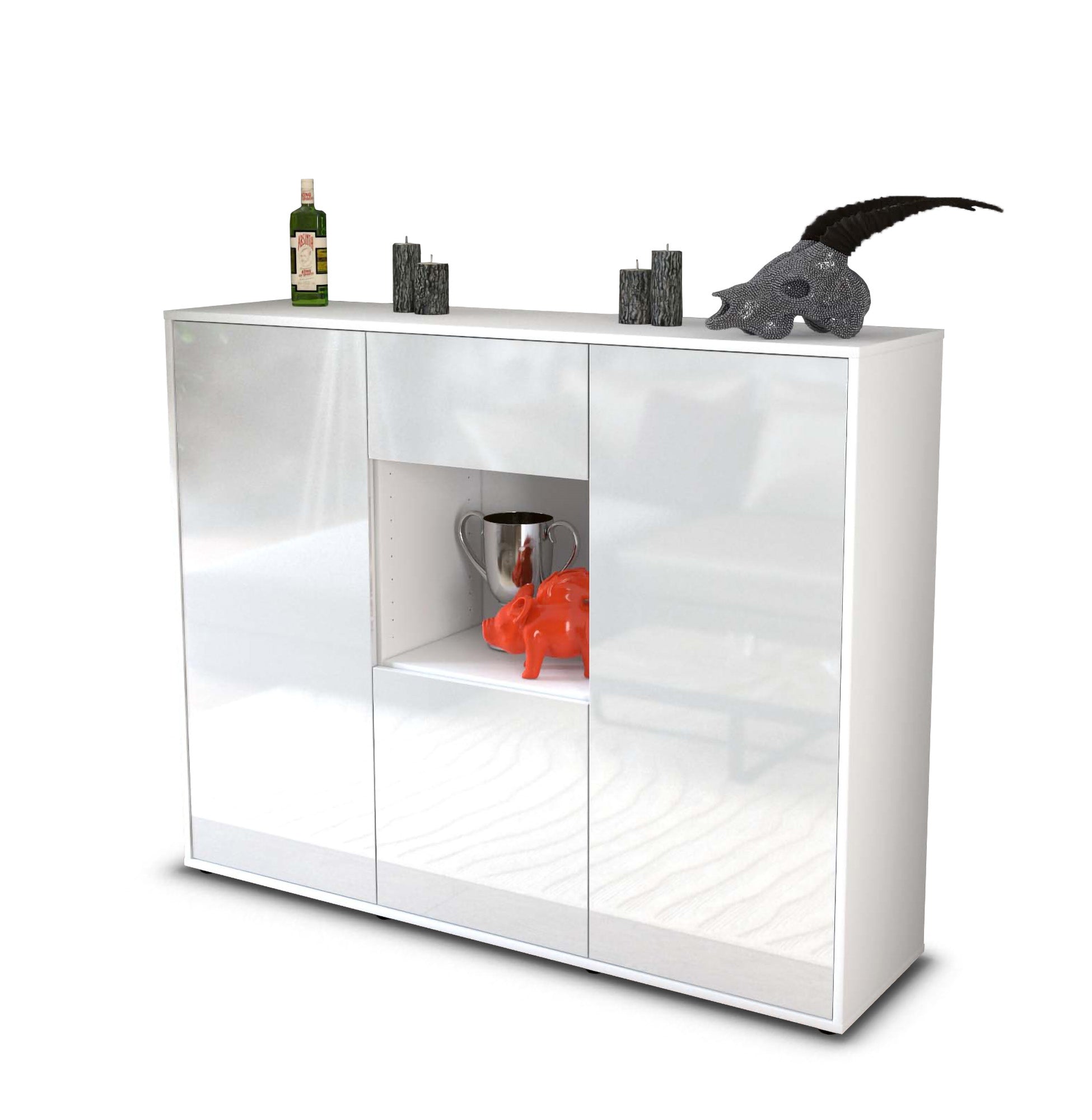 Highboard - Nuria - Design Hochglanz - Freistehend mit Push to Open 136 cm Weiss