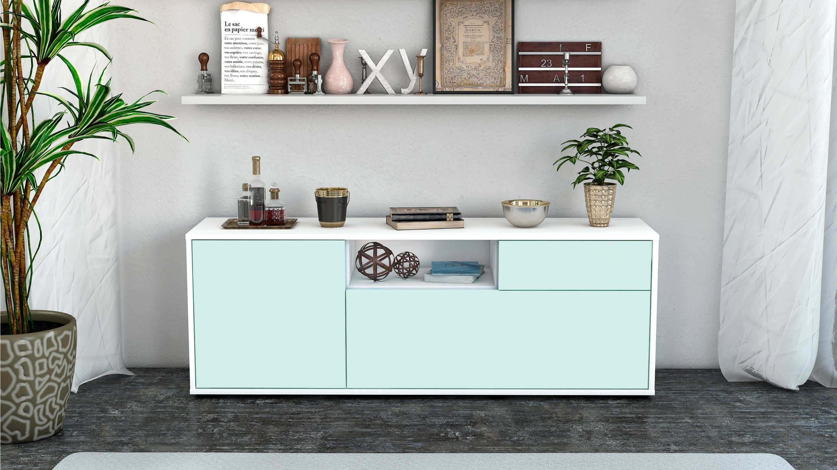 Lowboard - Amila - Design Farbakzent - Freistehend mit Push to Open 136 cm Weiss