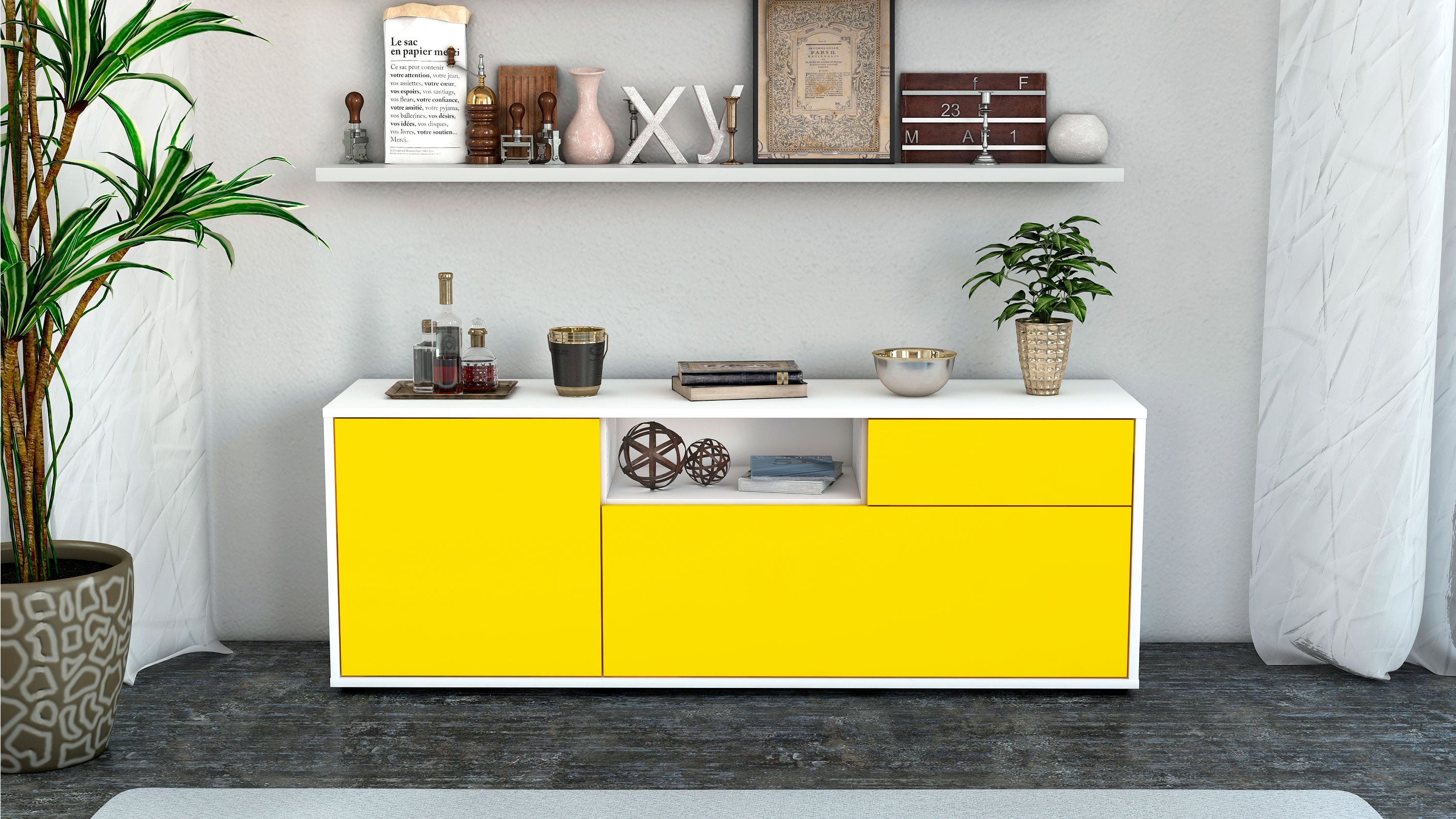 Lowboard - Amila - Design Farbakzent - Freistehend mit Push to Open 136 cm Weiss