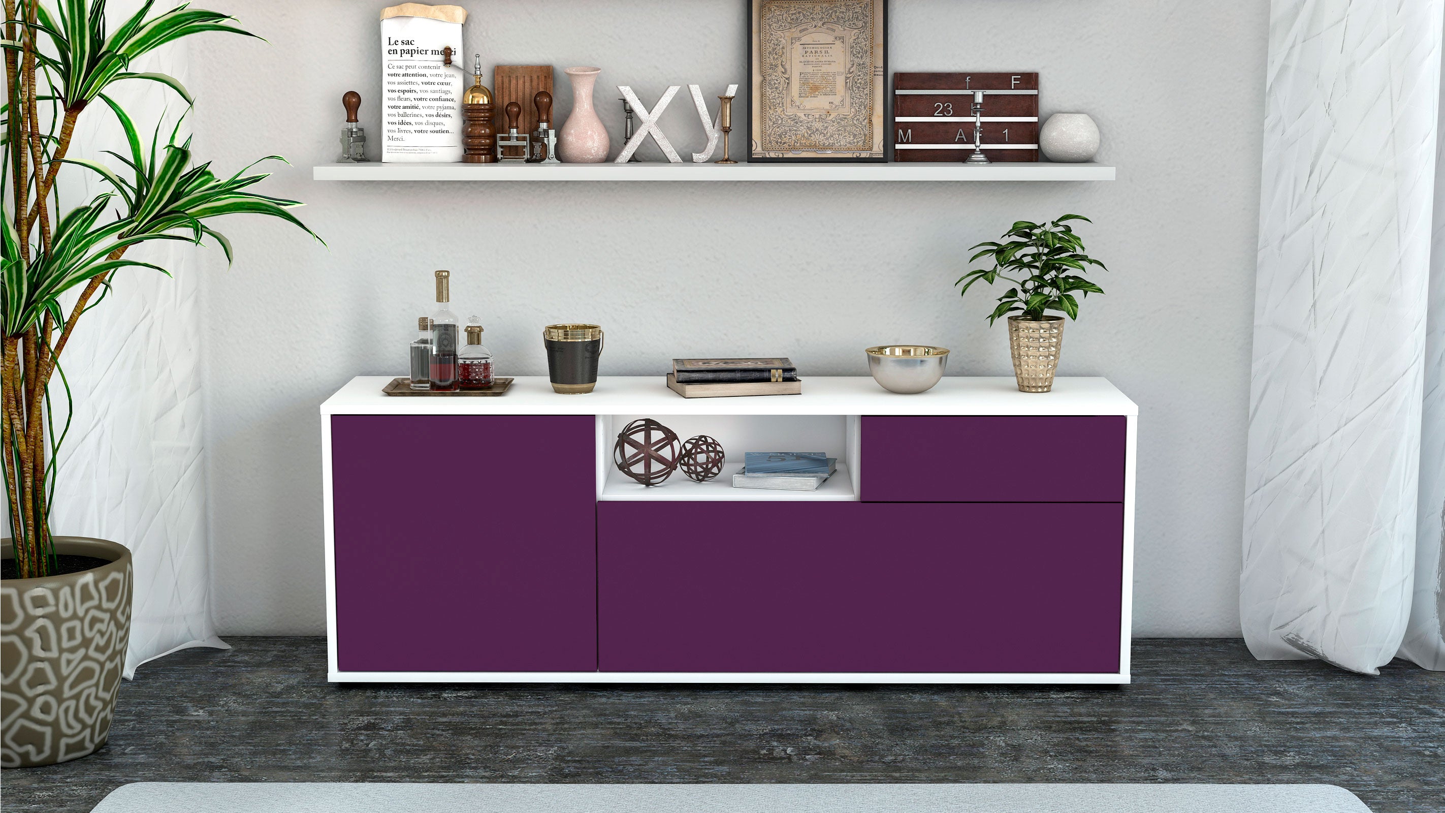 Lowboard - Amila - Design Farbakzent - Freistehend mit Push to Open 136 cm Weiss