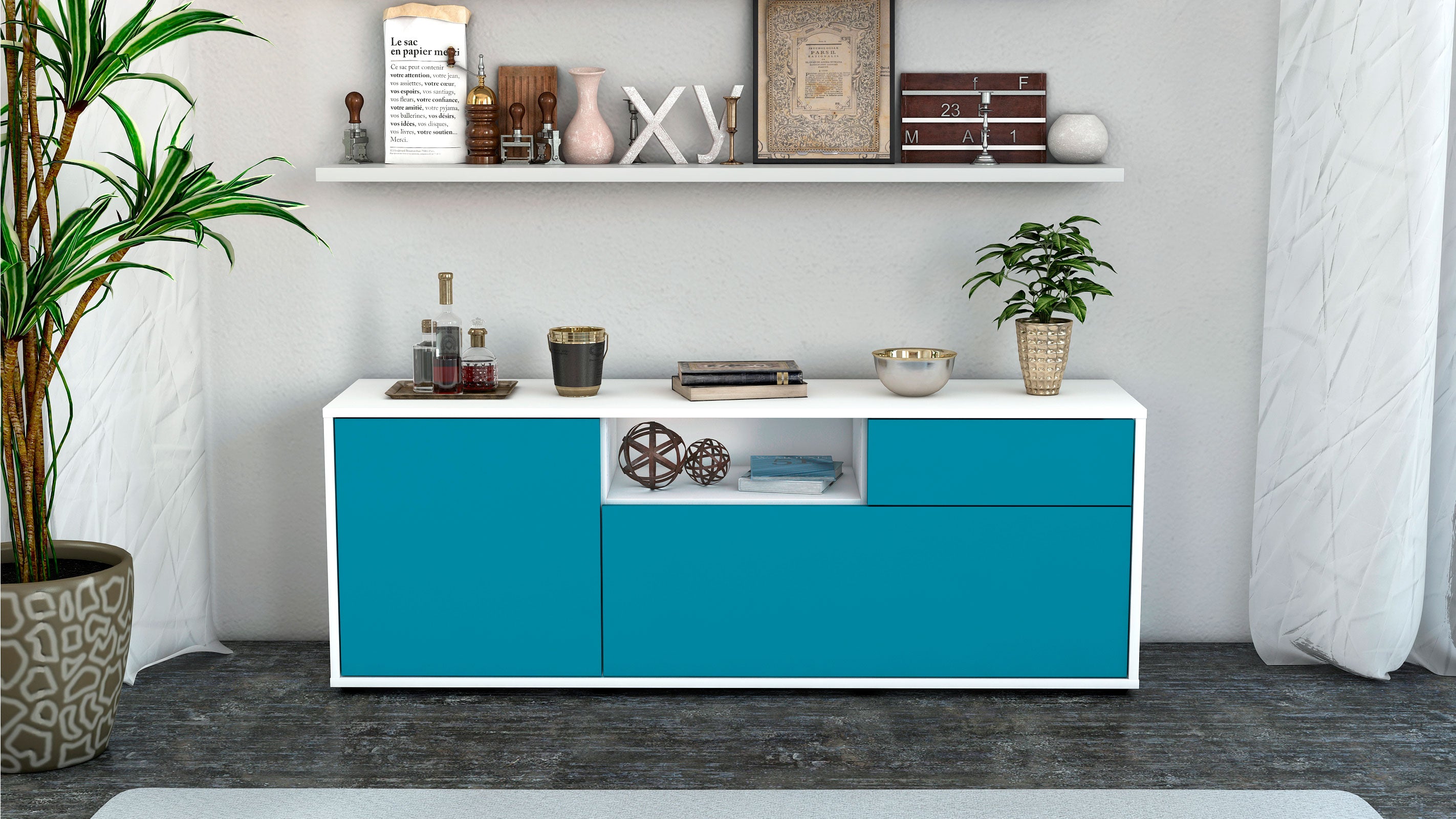 Lowboard - Amila - Design Farbakzent - Freistehend mit Push to Open 136 cm Weiss