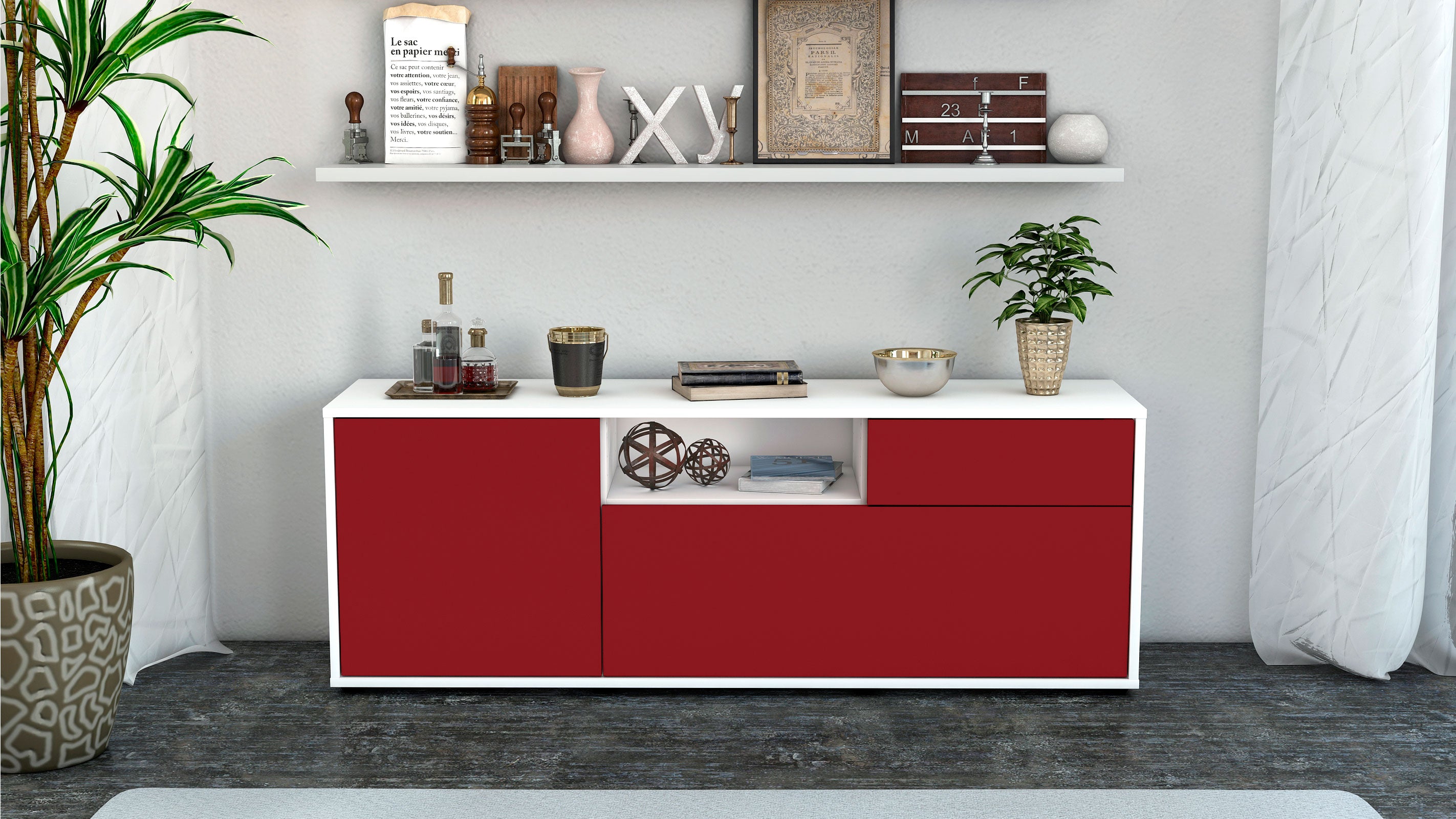 Lowboard - Amila - Design Farbakzent - Freistehend mit Push to Open 136 cm Weiss
