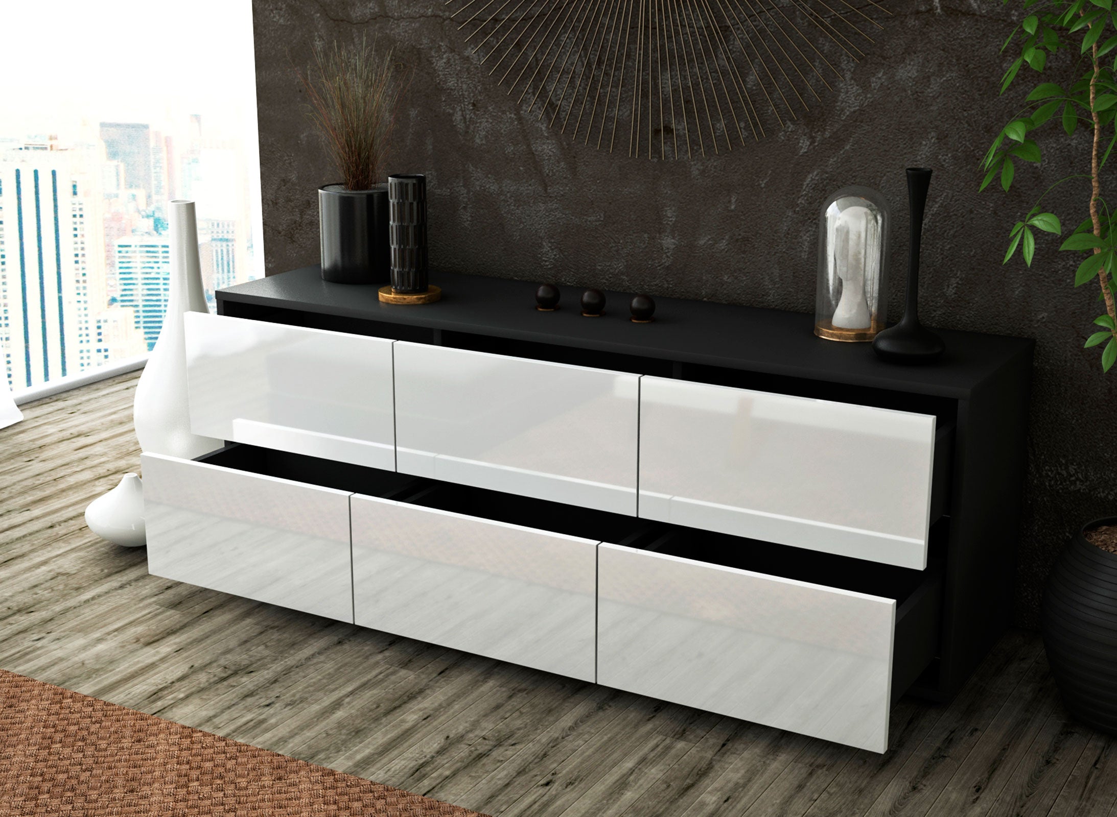 Lowboard - Alva - Design Hochglanz - Freistehend mit Push to Open 136 cm Anthrazit