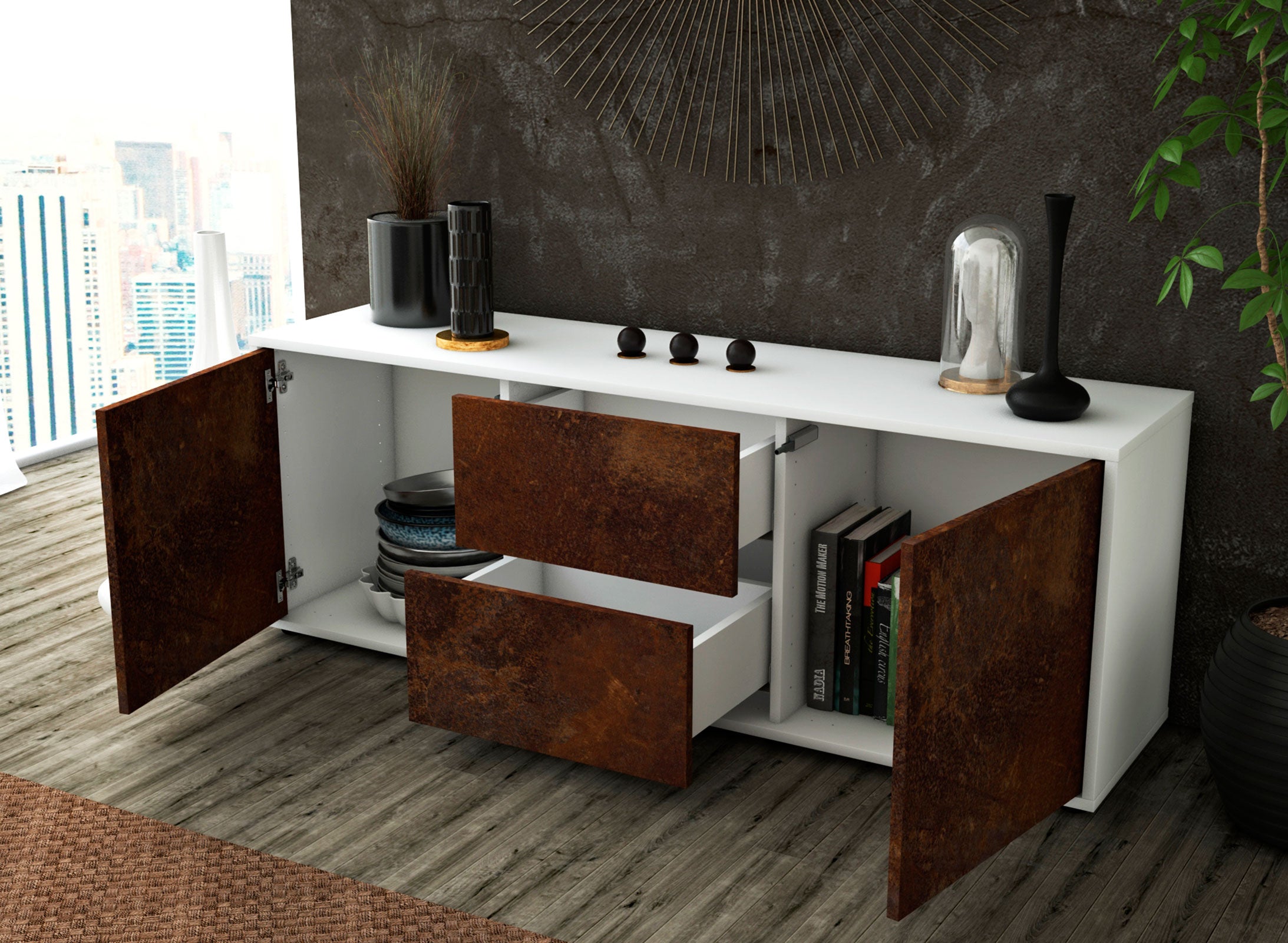 Lowboard - Alma - Design Industrie Stil - Freistehend mit Push to Open 136 cm Weiss