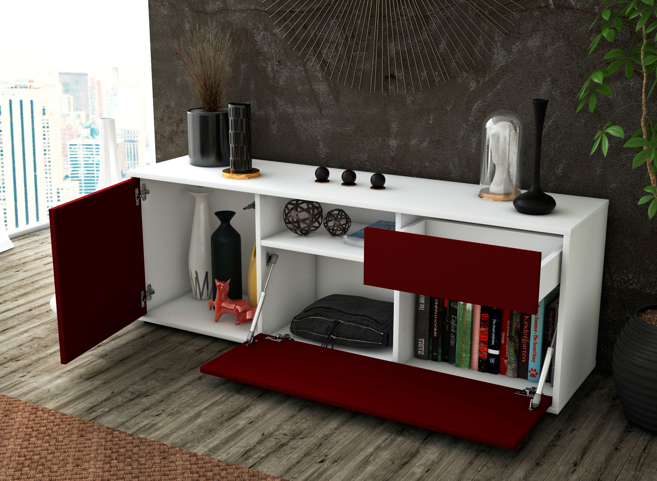 Lowboard - Amila - Design Farbakzent - Freistehend mit Push to Open 136 cm Weiss