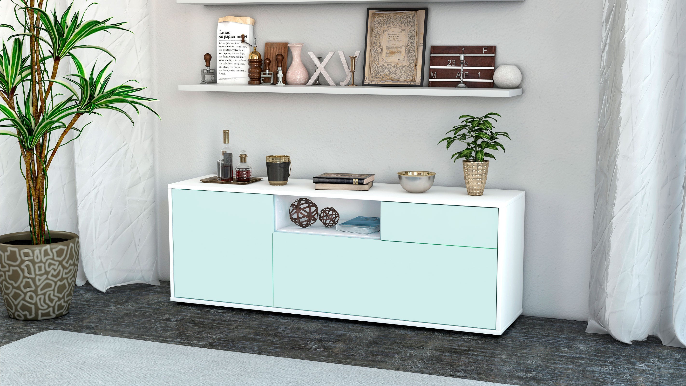 Lowboard - Amila - Design Farbakzent - Freistehend mit Push to Open 136 cm Weiss