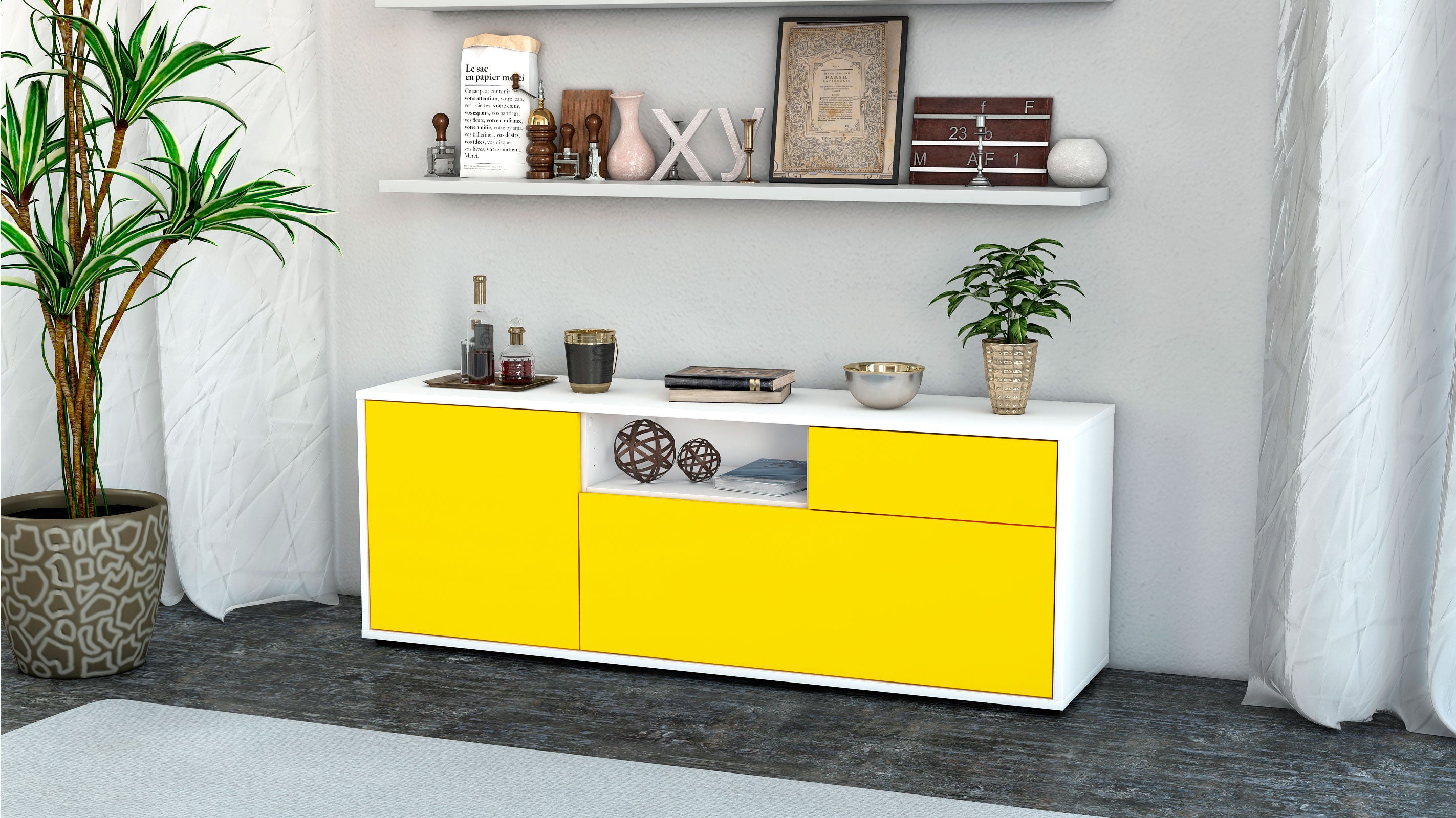 Lowboard - Amila - Design Farbakzent - Freistehend mit Push to Open 136 cm Weiss