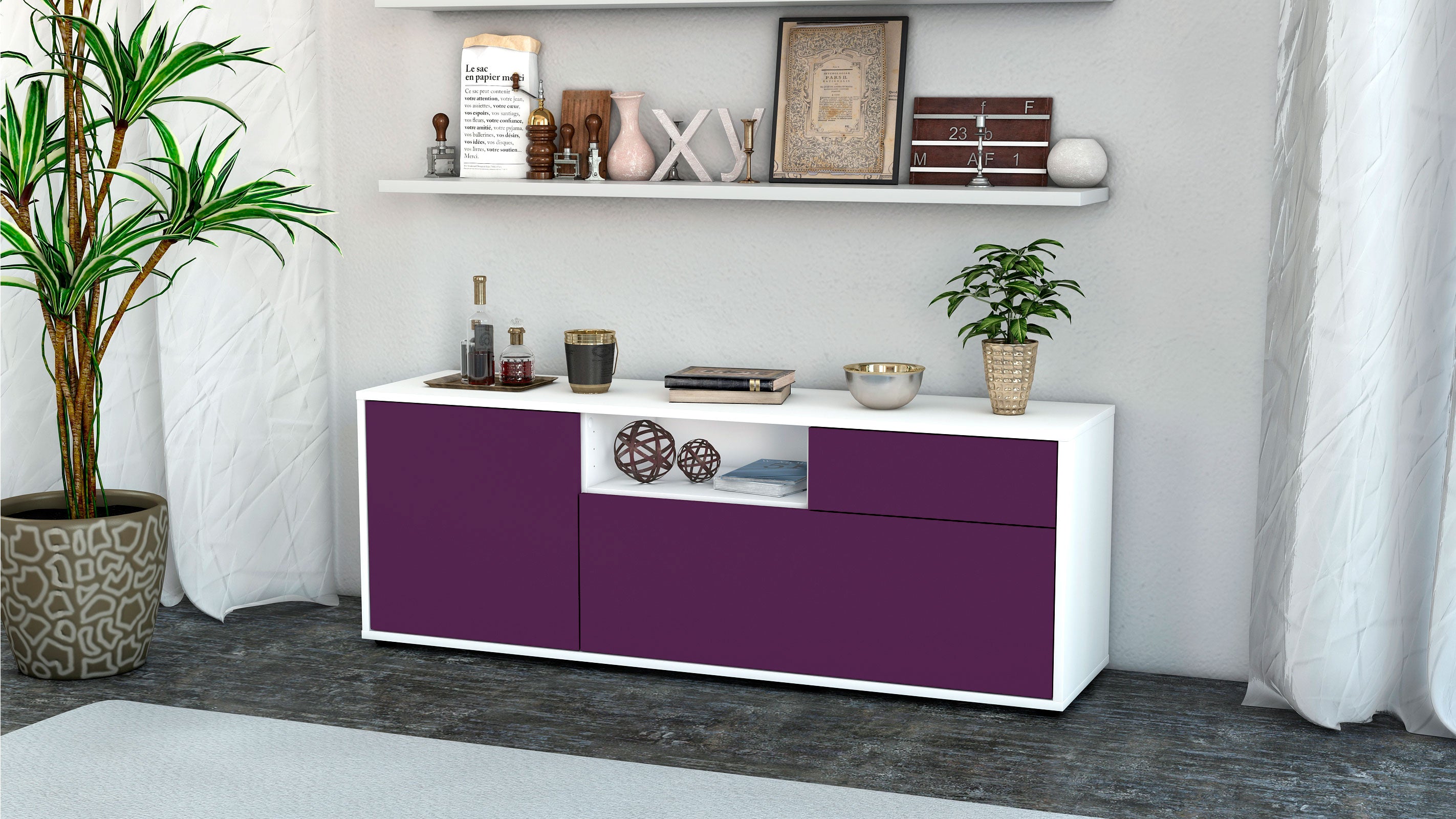 Lowboard - Amila - Design Farbakzent - Freistehend mit Push to Open 136 cm Weiss