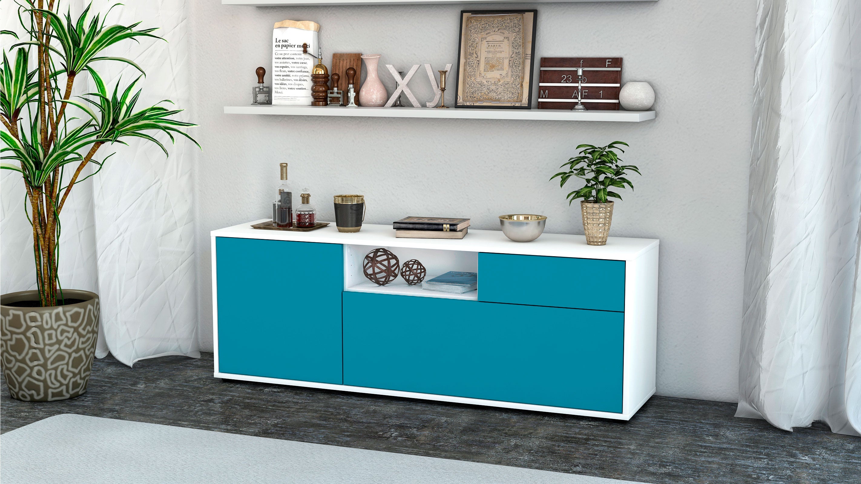 Lowboard - Amila - Design Farbakzent - Freistehend mit Push to Open 136 cm Weiss