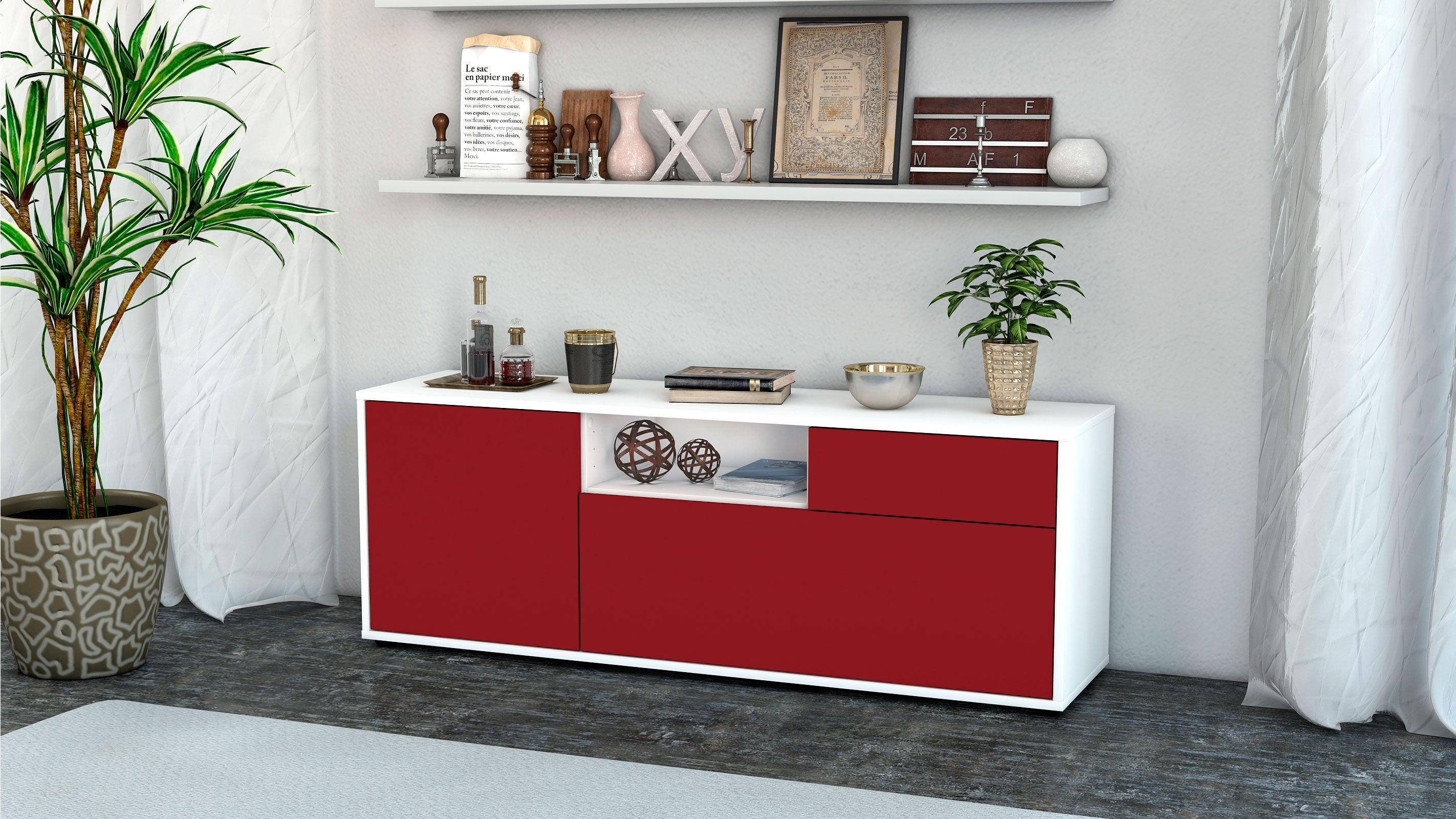 Lowboard - Amila - Design Farbakzent - Freistehend mit Push to Open 136 cm Weiss