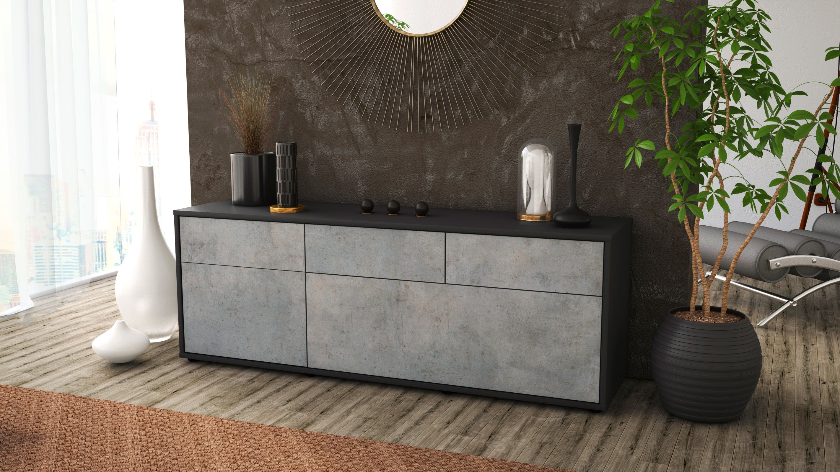 Lowboard - Anjelika - Design Industrie Stil - Freistehend mit Push to Open 136 cm Anthrazit