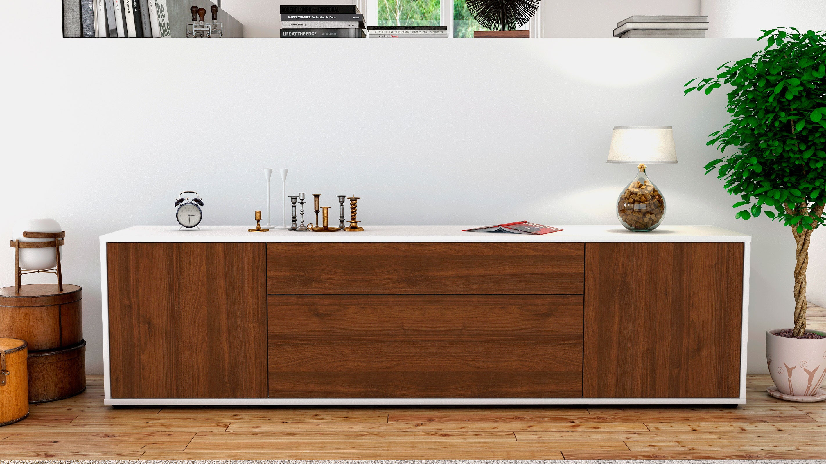 Lowboard - Aria - Design Holzdekor - Freistehend mit Push to Open 180 cm Weiss