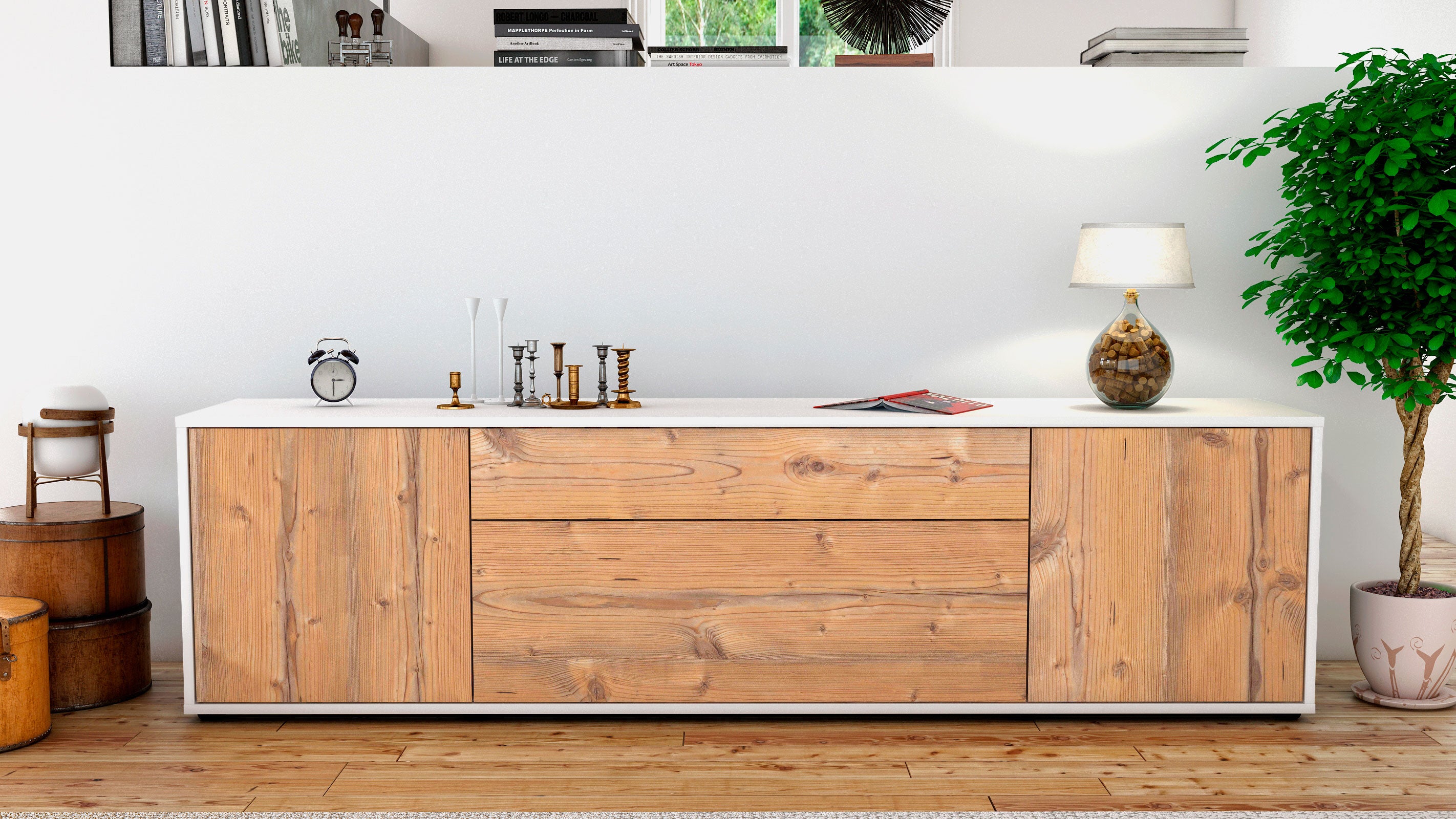Lowboard - Aria - Design Holzdekor - Freistehend mit Push to Open 180 cm Weiss