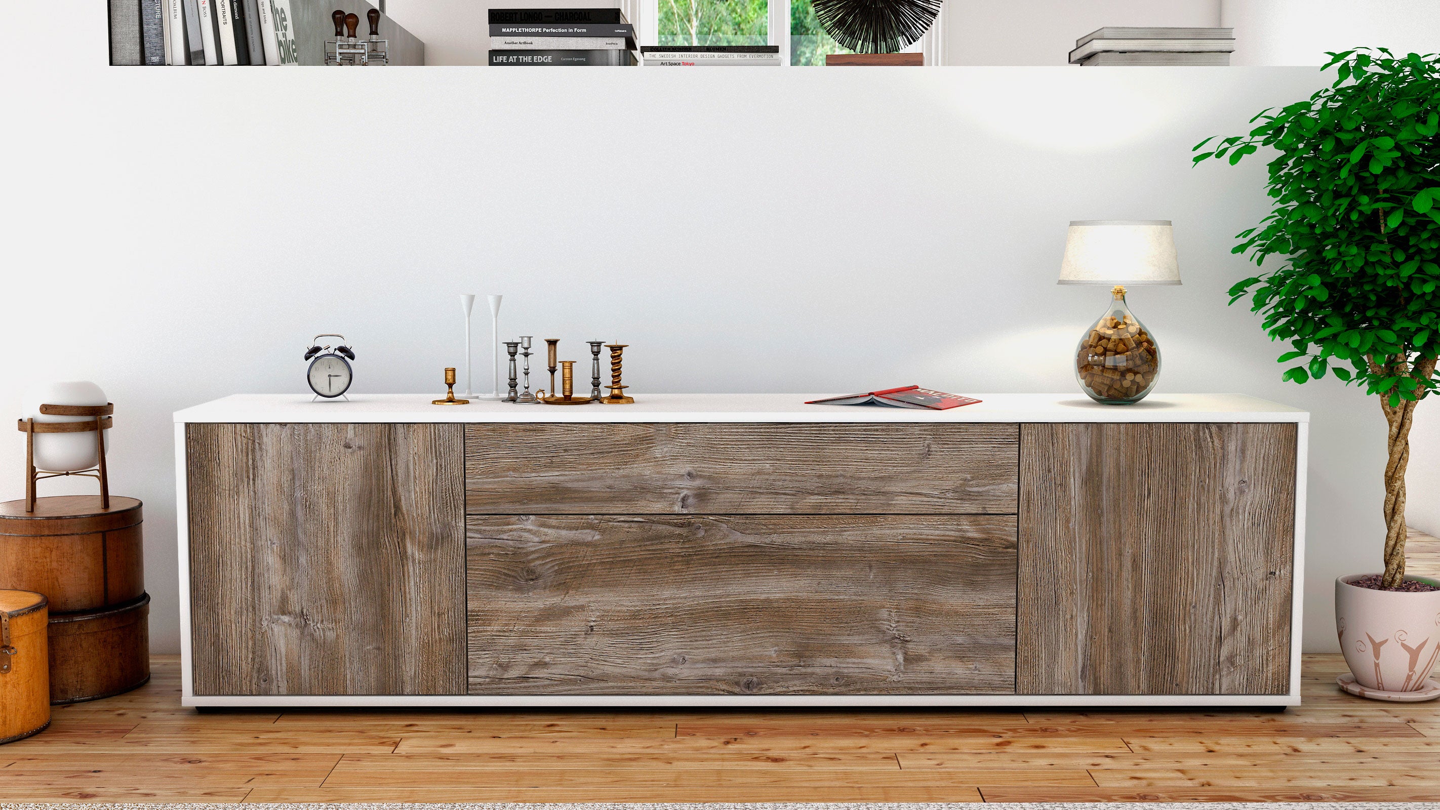 Lowboard - Aria - Design Holzdekor - Freistehend mit Push to Open 180 cm Weiss