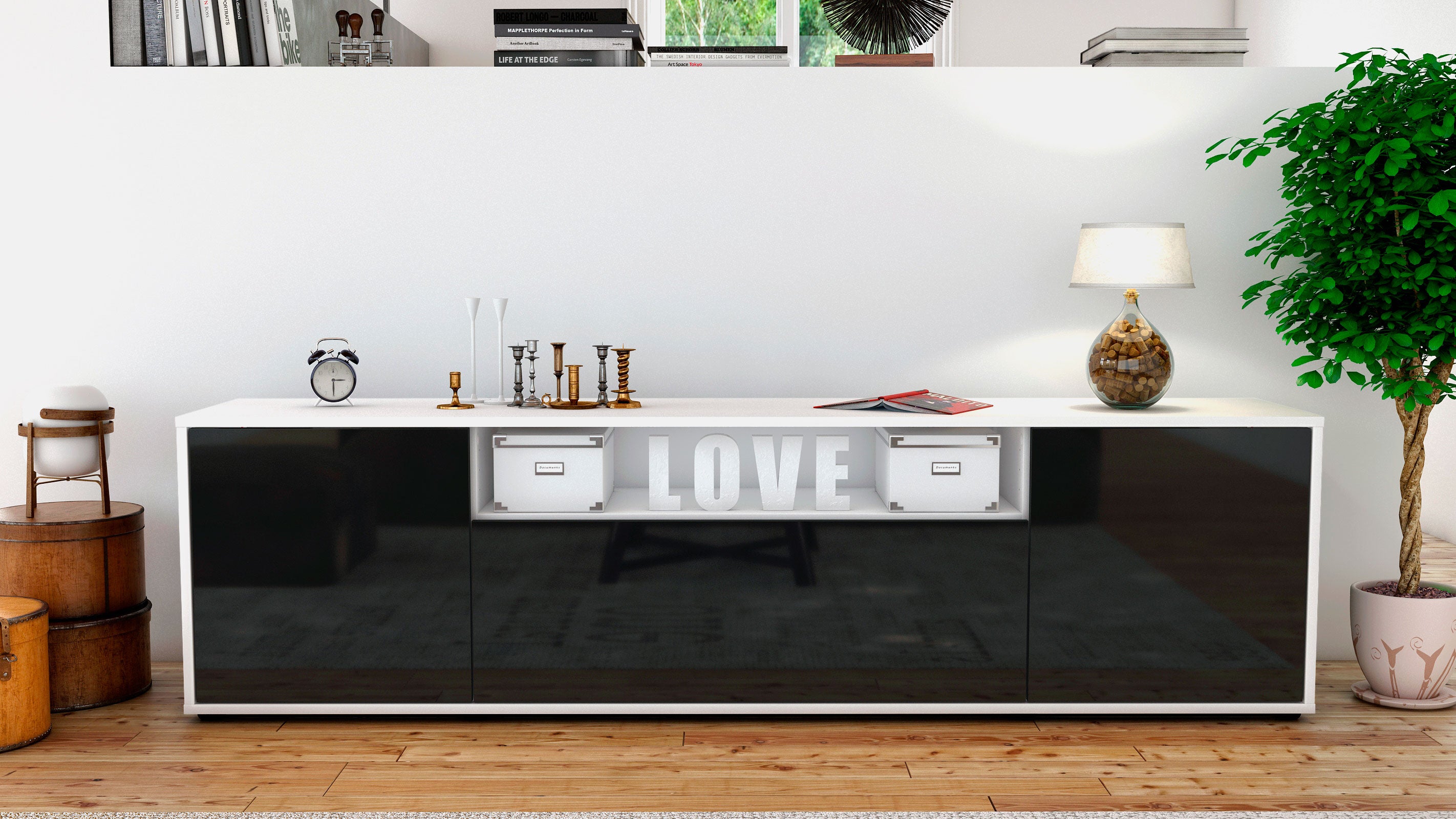 Lowboard - Ariana - Design Hochglanz - Freistehend mit Push to Open 180 cm Weiss