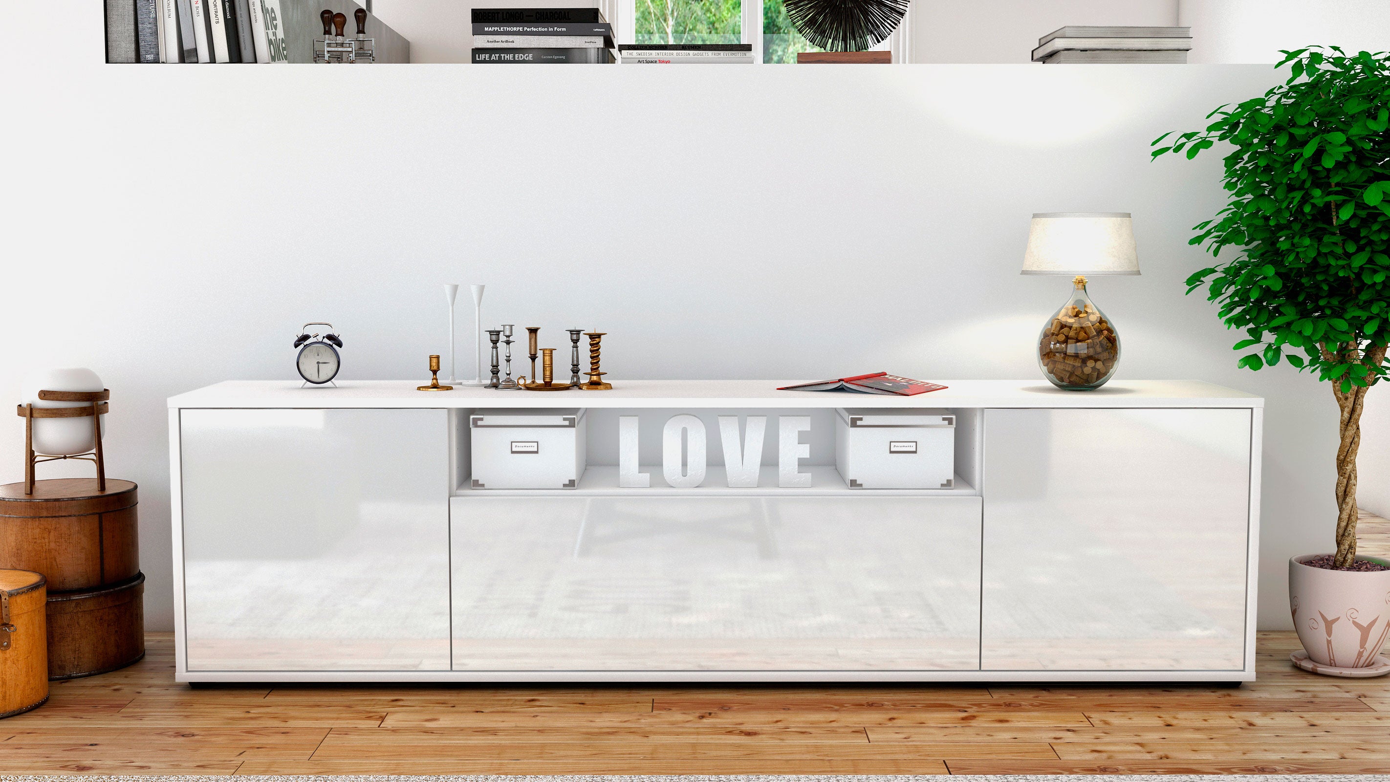 Lowboard - Ariana - Design Hochglanz - Freistehend mit Push to Open 180 cm Weiss