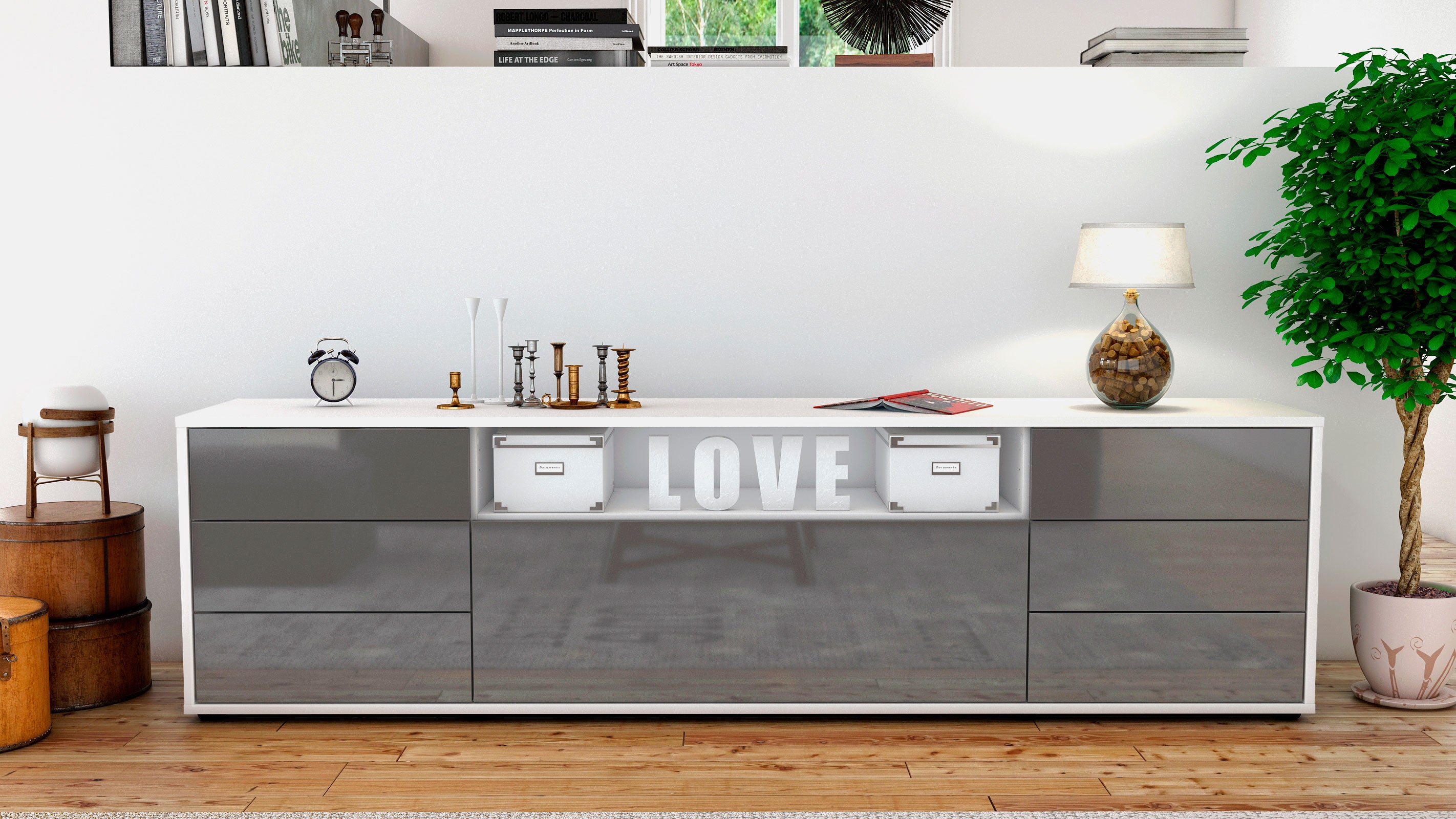 Lowboard - Beatrice - Design Hochglanz - Freistehend mit Push to Open 180 cm Weiss