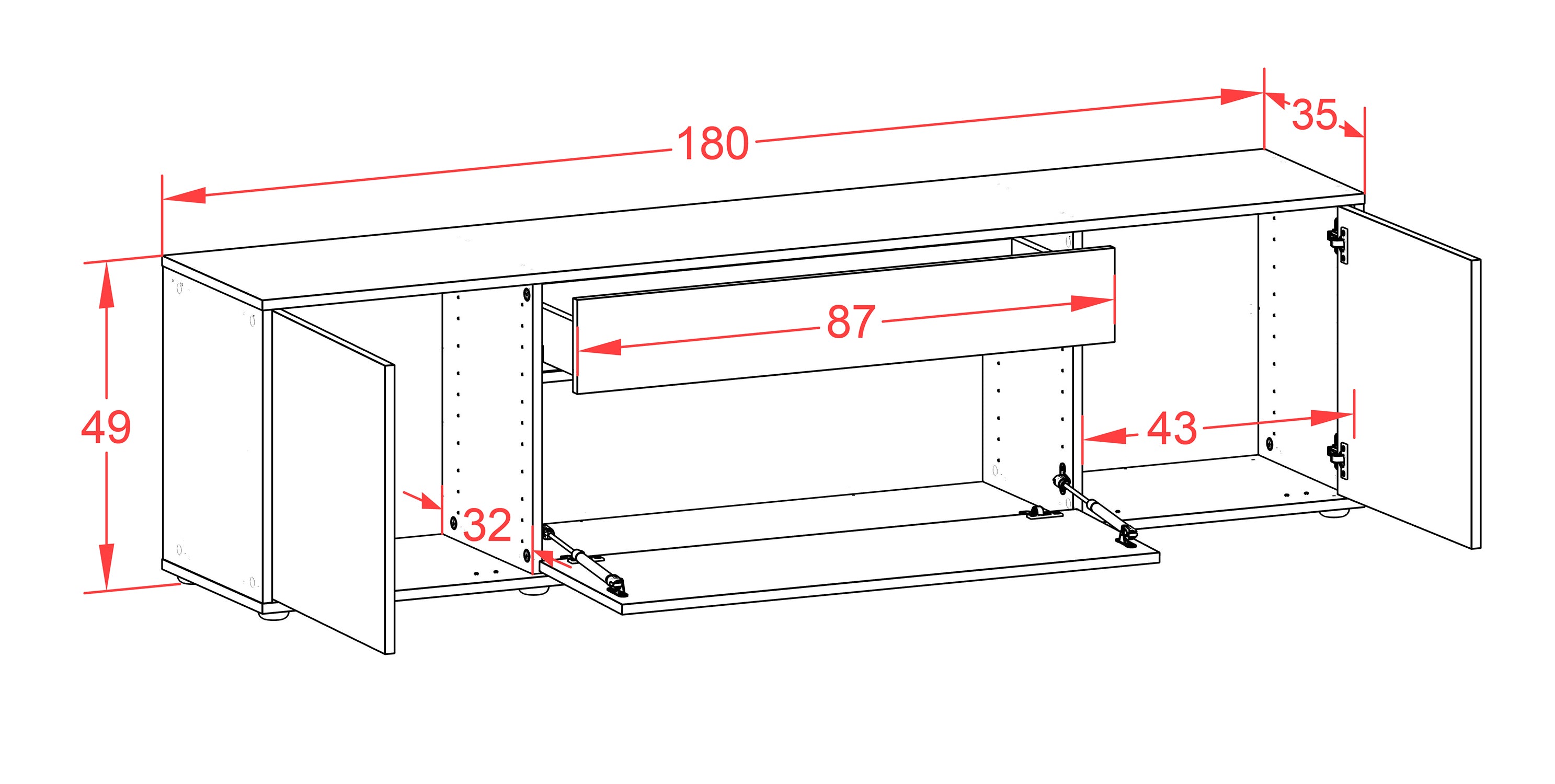 Lowboard - Aria - Design Farbakzent - Freistehend mit Push to Open 180 cm Weiss