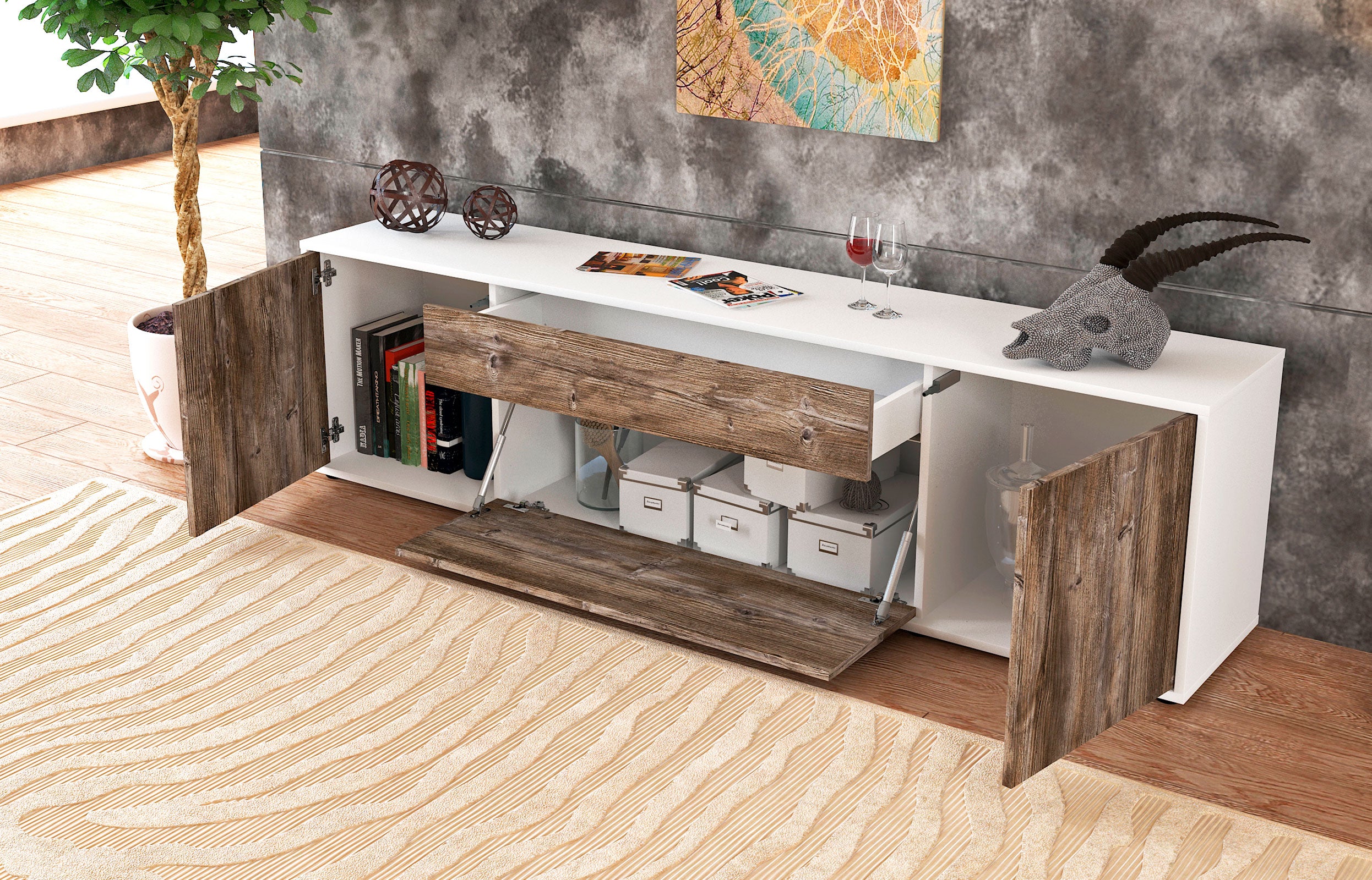 Lowboard - Aria - Design Holzdekor - Freistehend mit Push to Open 180 cm Weiss
