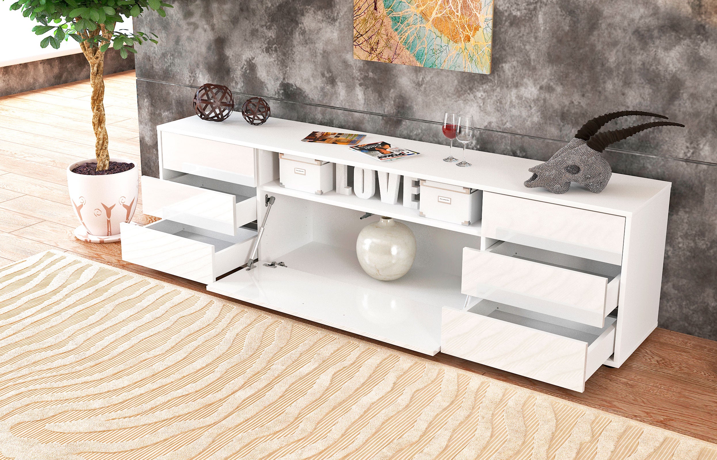 Lowboard - Beatrice - Design Hochglanz - Freistehend mit Push to Open 180 cm Weiss